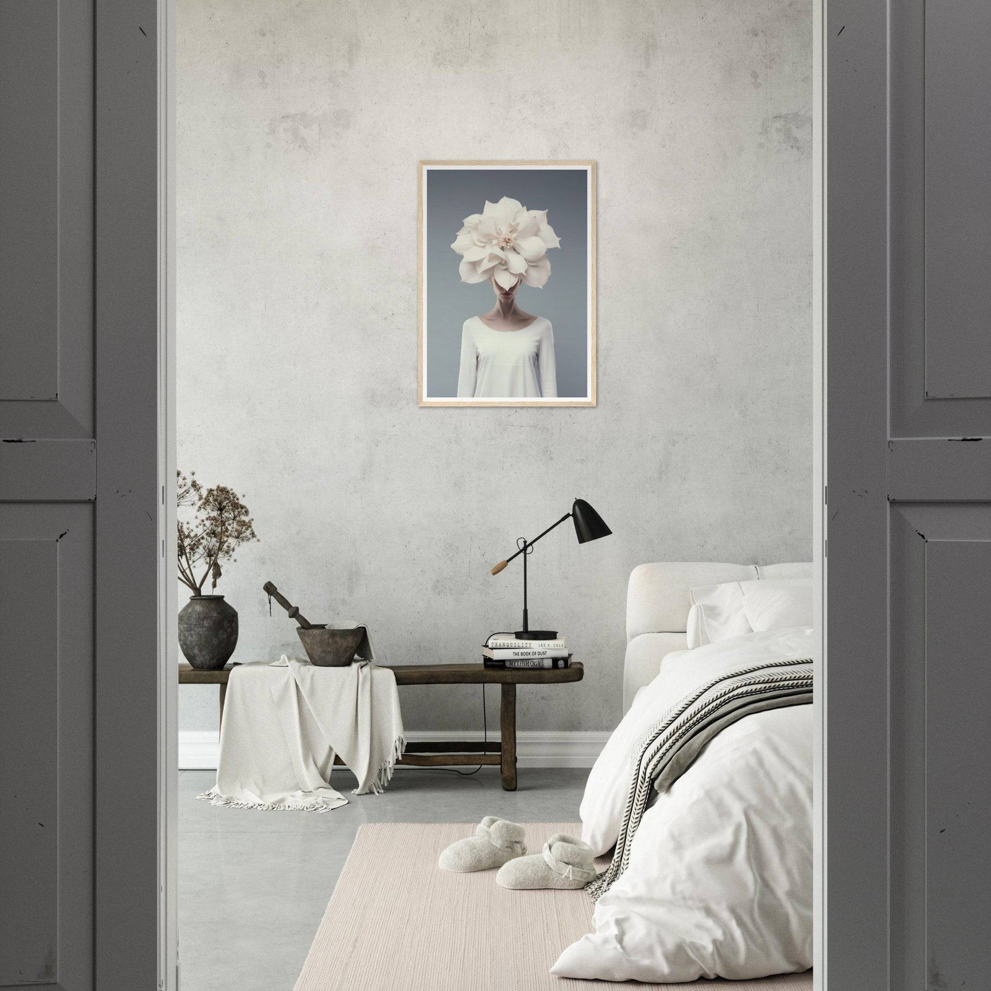 Minimalist bedroom with a striking surrealist portrait on the wall.