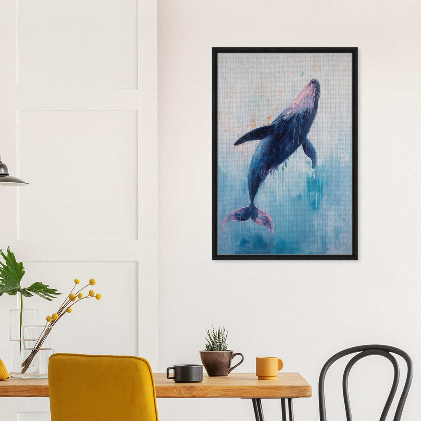 Framed painting of a whale swimming underwater, ideal for transcendent blue leviathan room decor