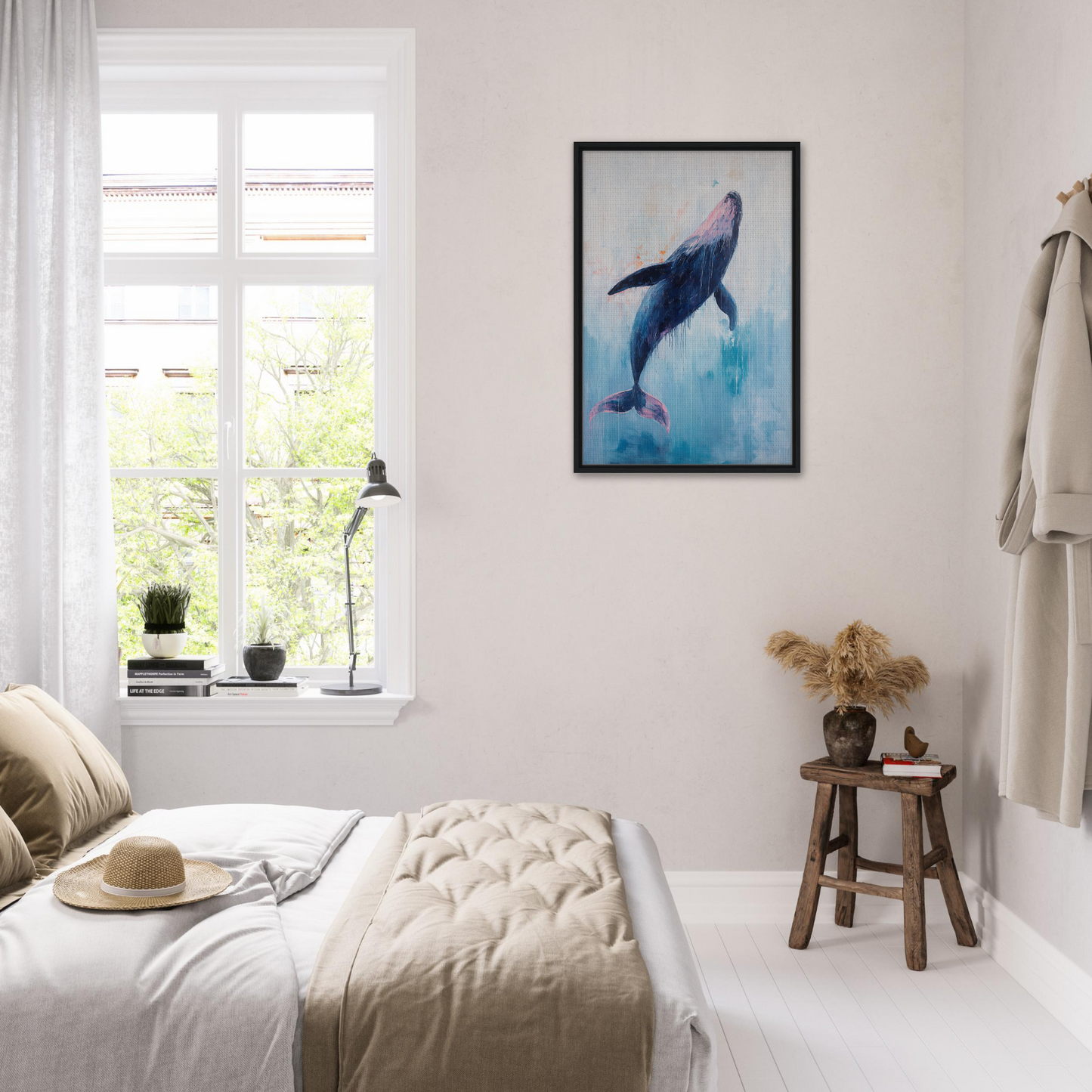 Framed painting of a whale swimming in blue water for elegant room decor, Transcendent Blue Leviathan