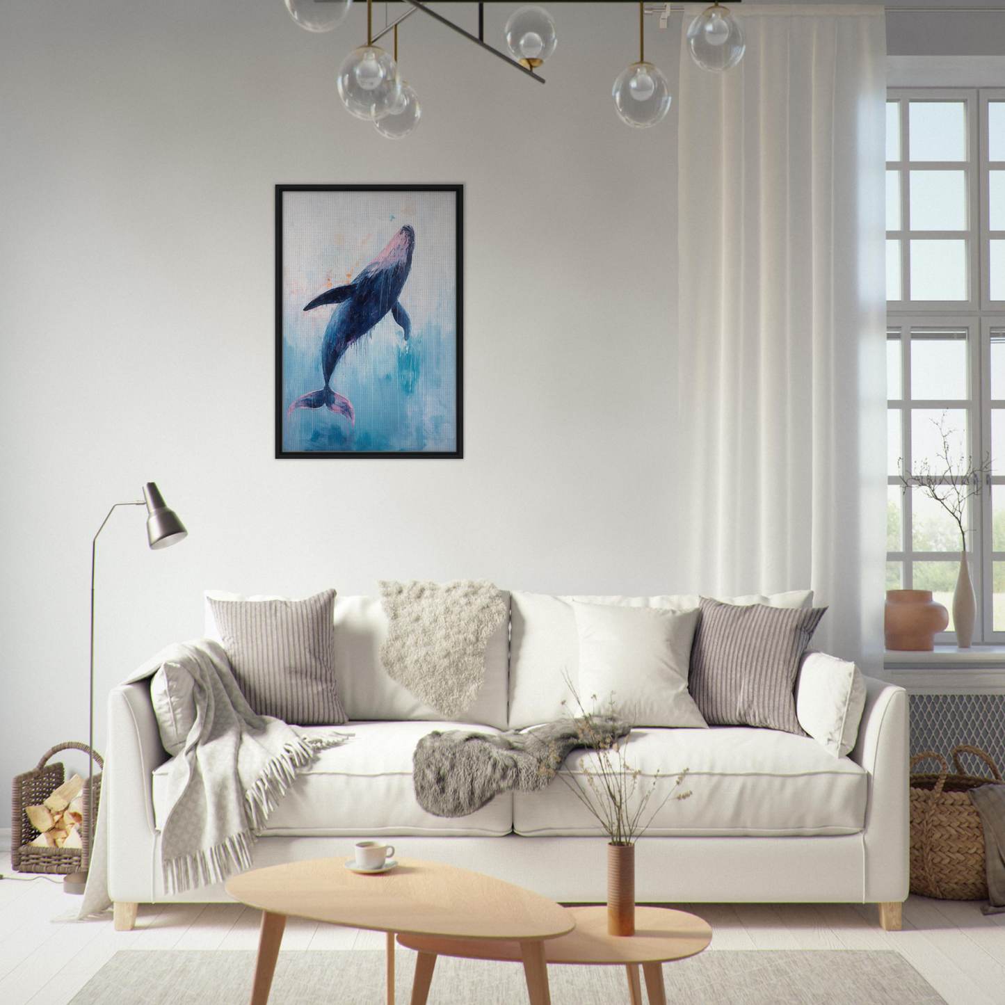 Elegant white sofa adorned with throw pillows and blankets, showcasing Transcendent Blue Leviathan