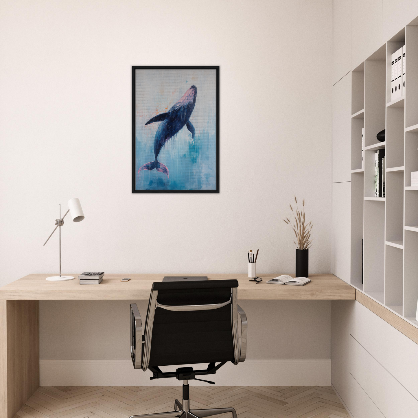 Framed canvas print of a whale swimming in blue water, Transcendent Blue Leviathan