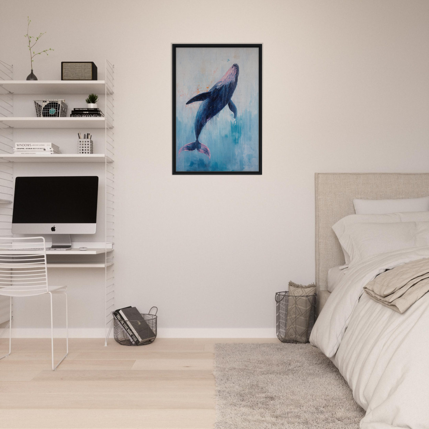 Framed painting of a whale swimming in blue water for Transcendent Blue Leviathan room decor