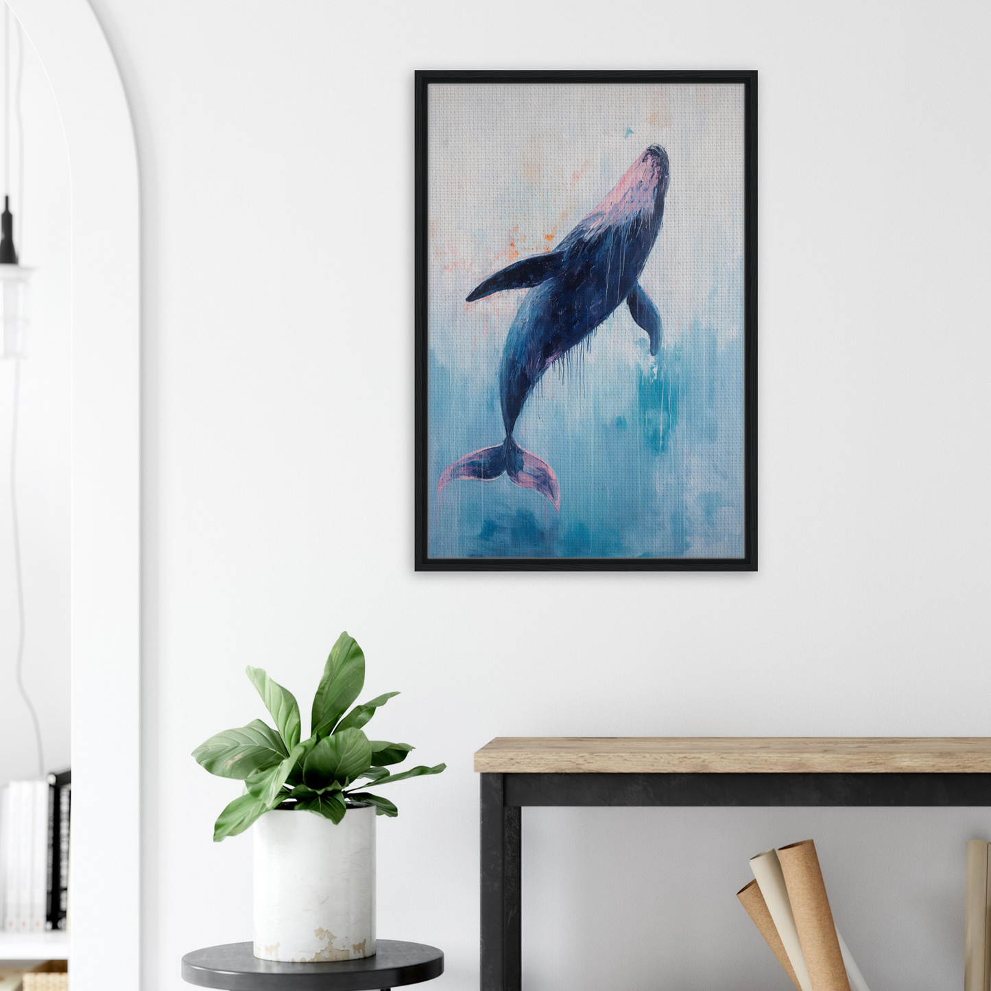 Painting of a Humpback Whale Breaching in the Transcendent Blue Leviathan Framed Canvas Print