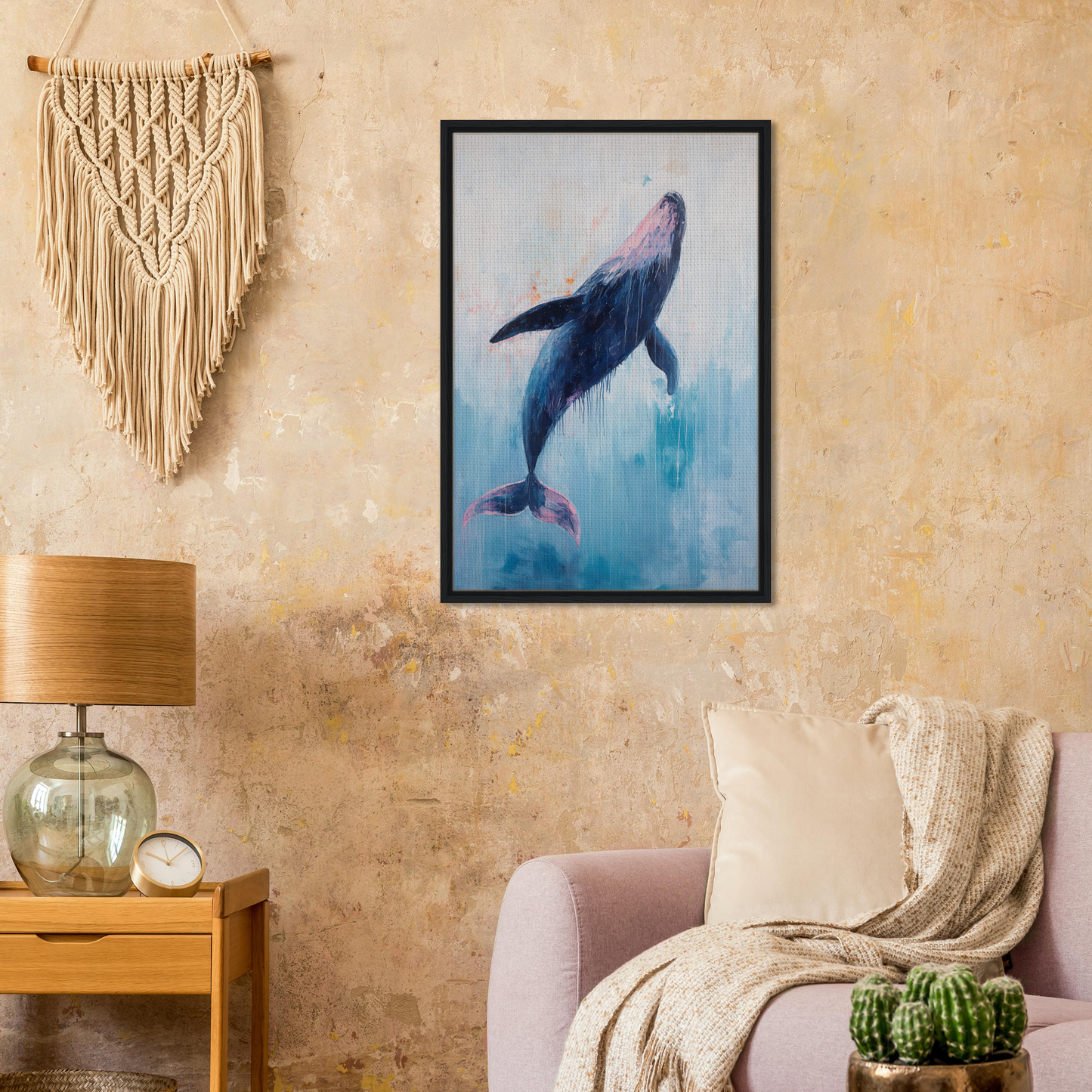 Framed painting of a whale underwater, ideal for enhancing room decor with Transcendent Blue Leviathan