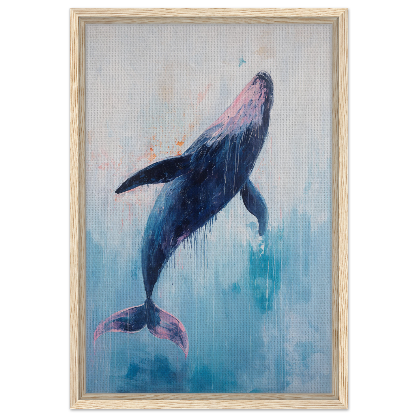 Whale swimming upwards in dreamy watercolor style for Transcendent Blue Leviathan framed print