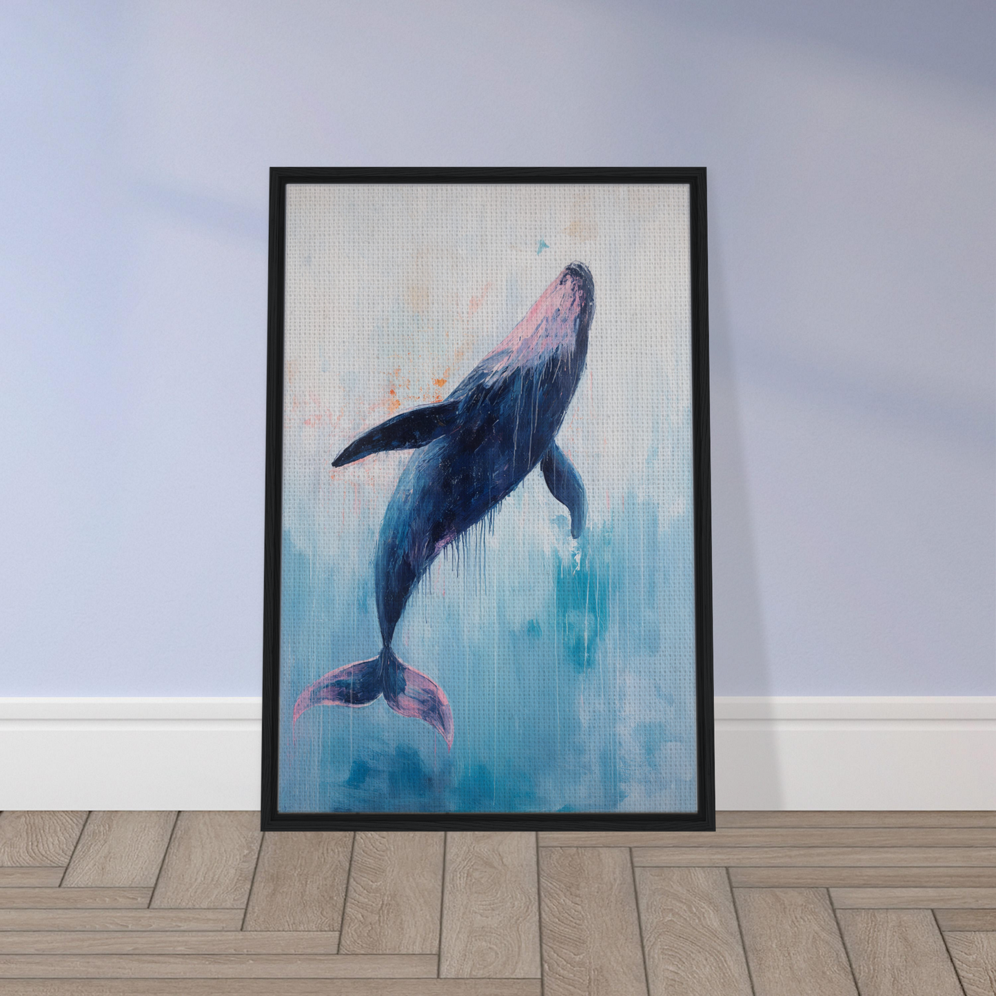 Framed canvas print of a Transcendent Blue Leviathan swimming in blue and purple hues