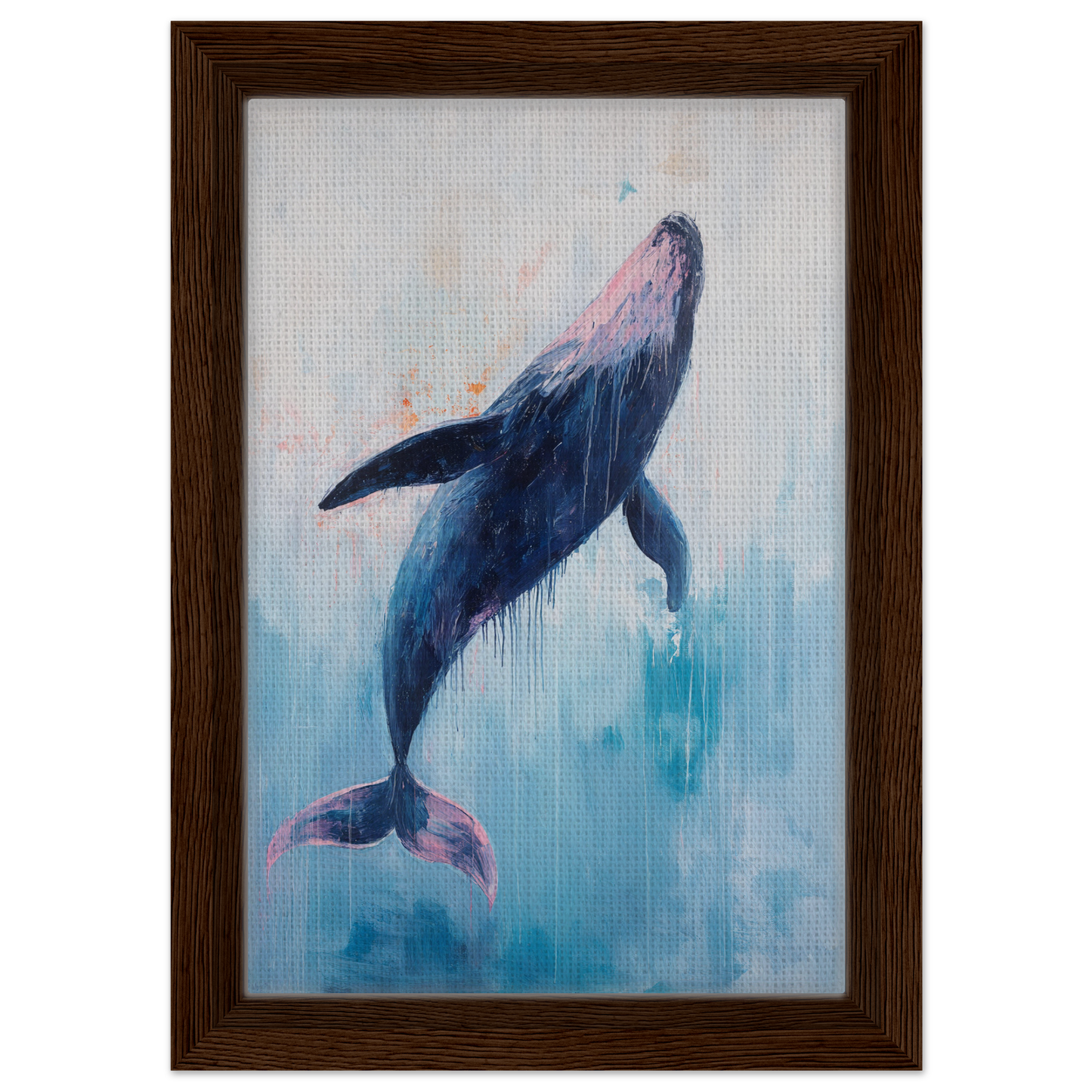 Humpback whale in blue and pink hues swimming upward, featured in Transcendent Blue Leviathan