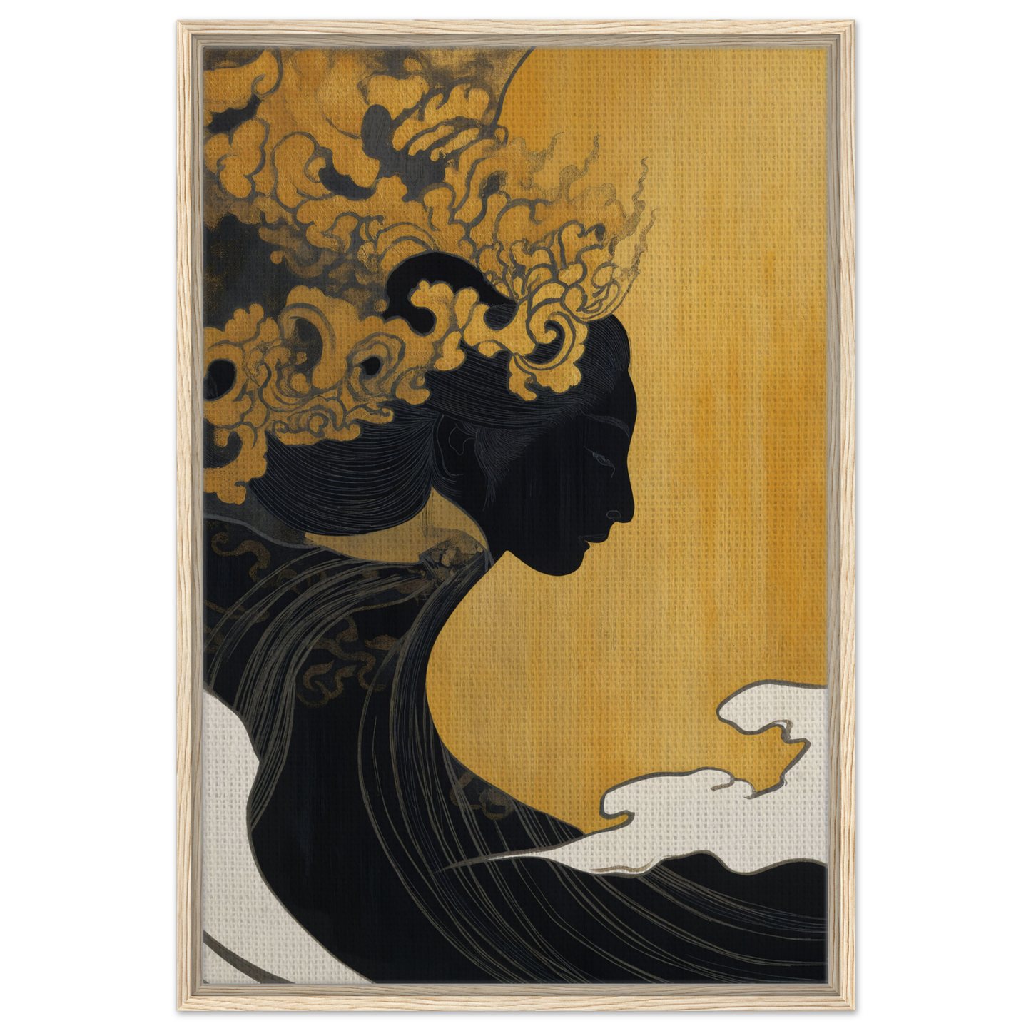 Silhouette with ornate flame-like headdress on golden background in Transcendent Cosmic Dreams