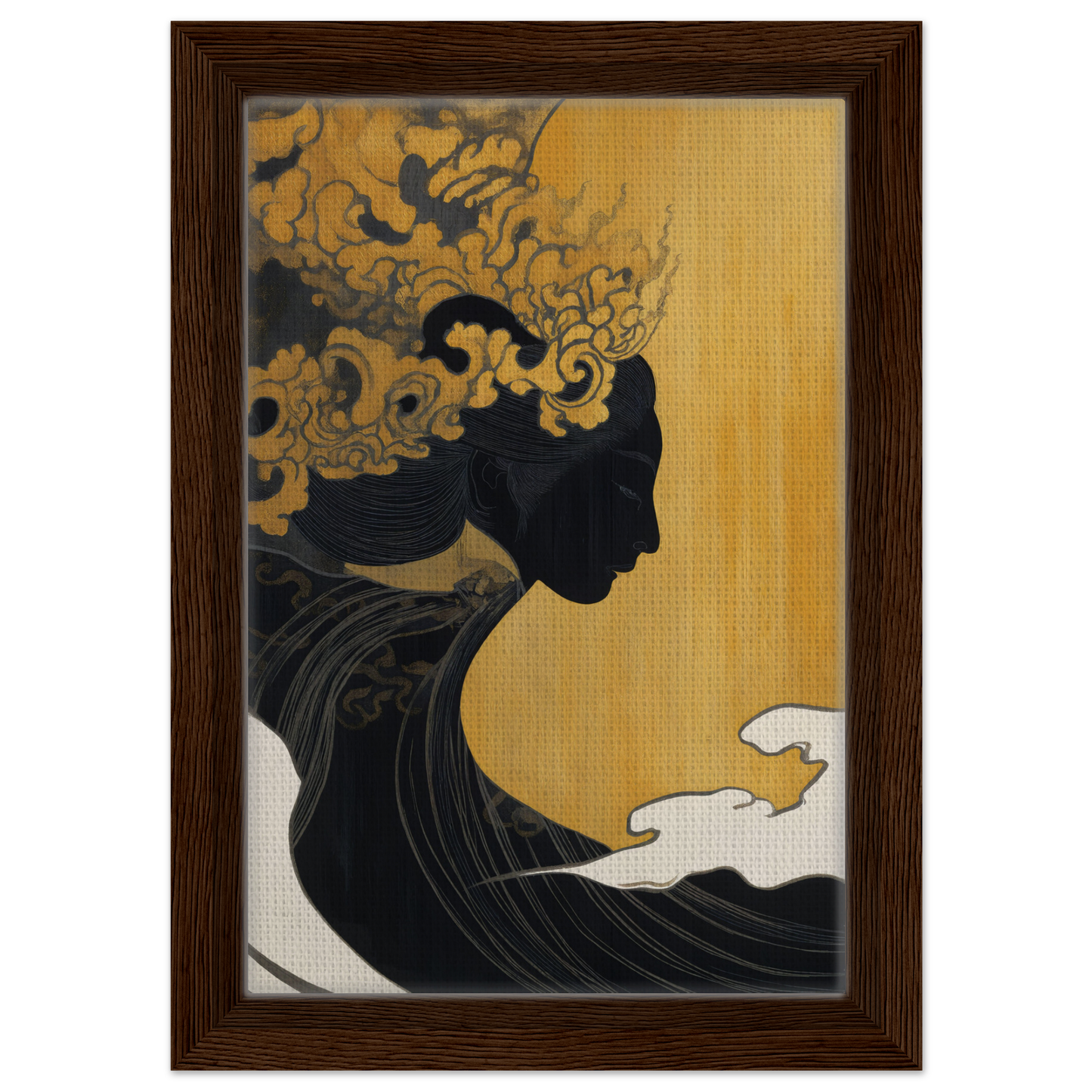 Silhouette profile with flame-like hair on golden background for Transcendent Cosmic Dreams