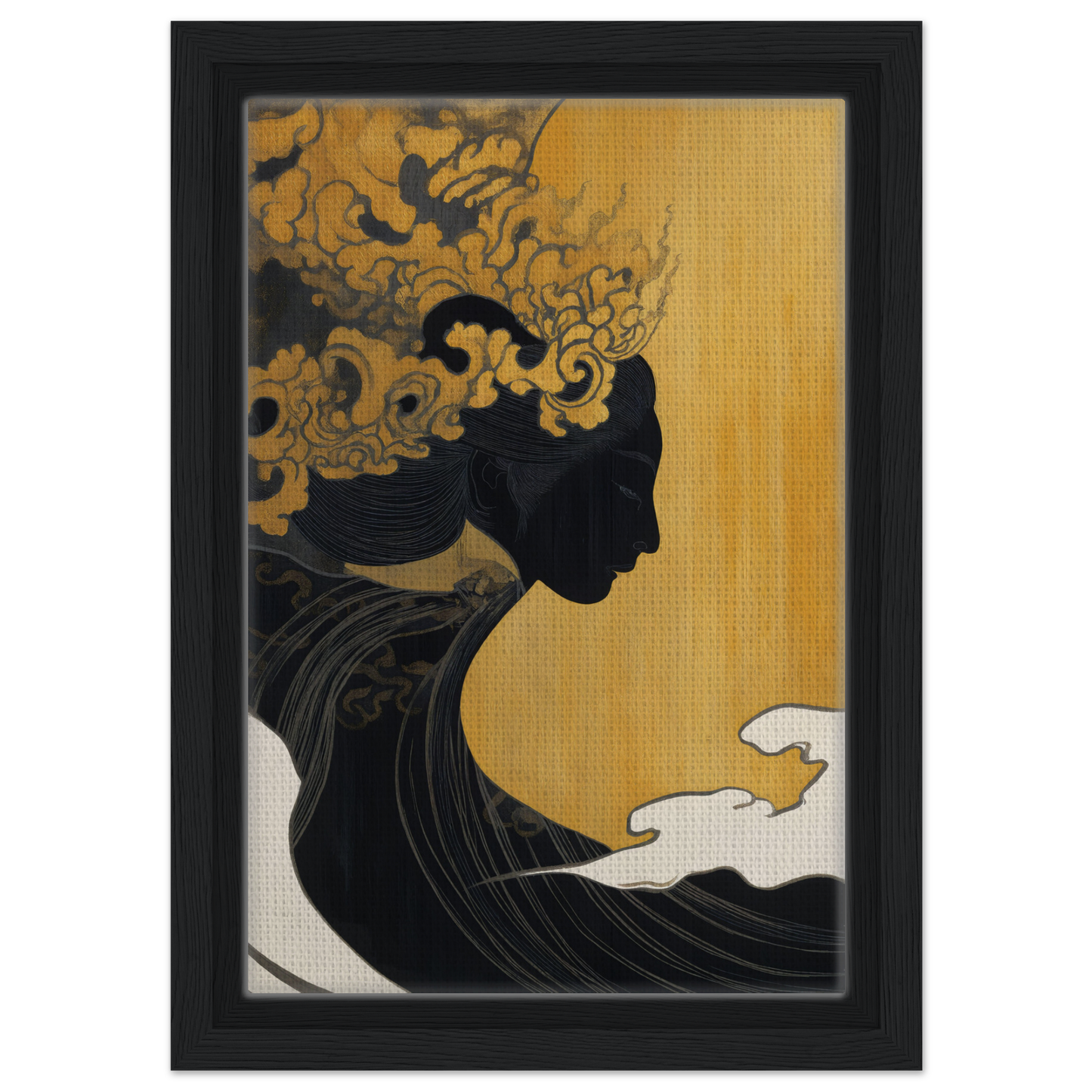 Silhouette profile with ornate headdress on golden background for Transcendent Cosmic Dreams