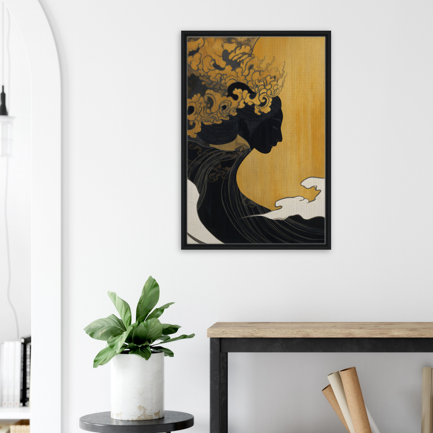 Framed canvas print featuring a floral headdress on a golden background in Transcendent Cosmic Dreams