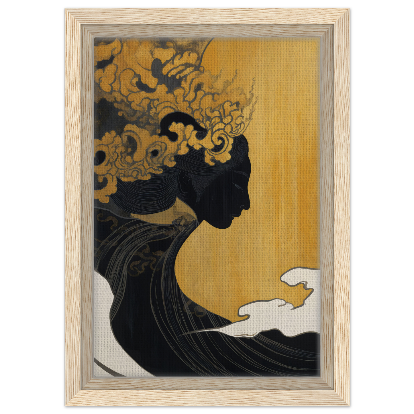 Silhouette profile with golden hair on yellow, ideal for cosmic dreams framed room decor