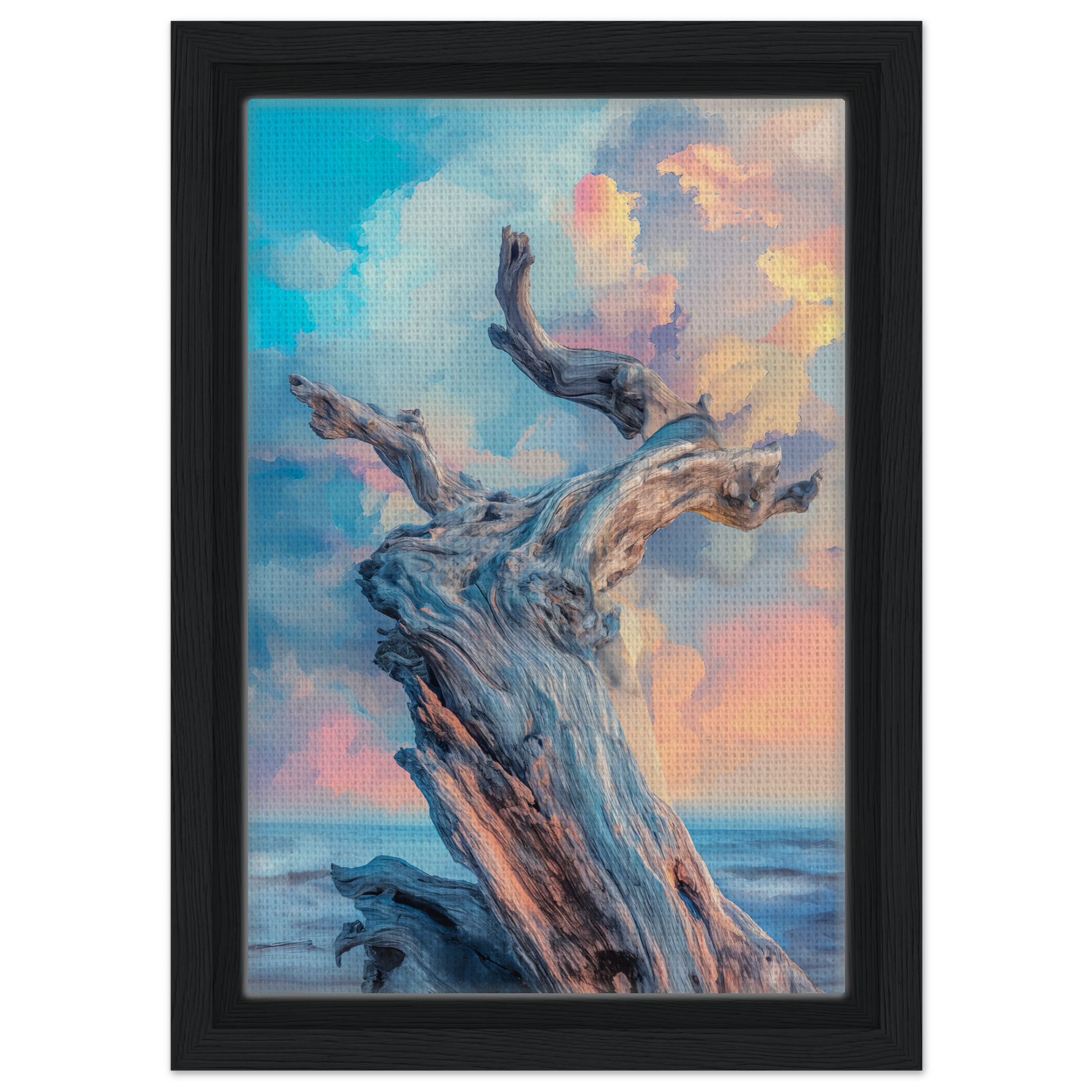 Twisted driftwood with branch-like protrusions under a colorful sky in Transitory Arbor Dreams
