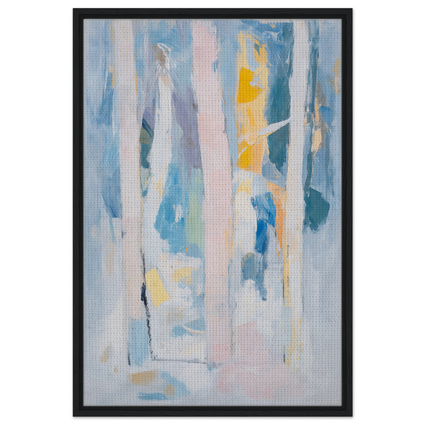 Abstract painting of soft blues, pinks, and yellows in Translucent Sea Symphony framed canvas print
