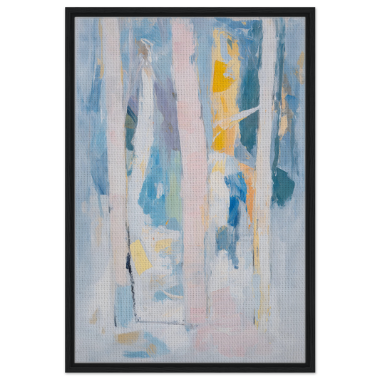 Abstract painting of soft blues, pinks, and yellows in Translucent Sea Symphony framed canvas print