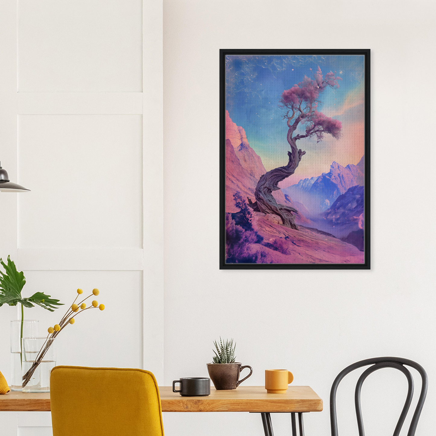 Framed canvas print of Tree’s Psychedelic Reverie with twisted tree and colorful landscape