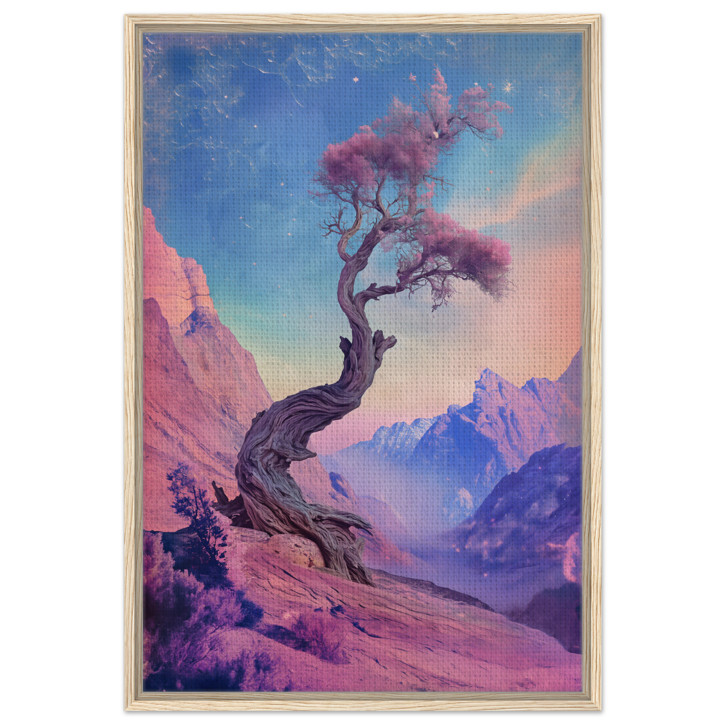 Twisted tree with pink foliage on rocky slope, perfect for Tree’s Psychedelic Reverie room decor
