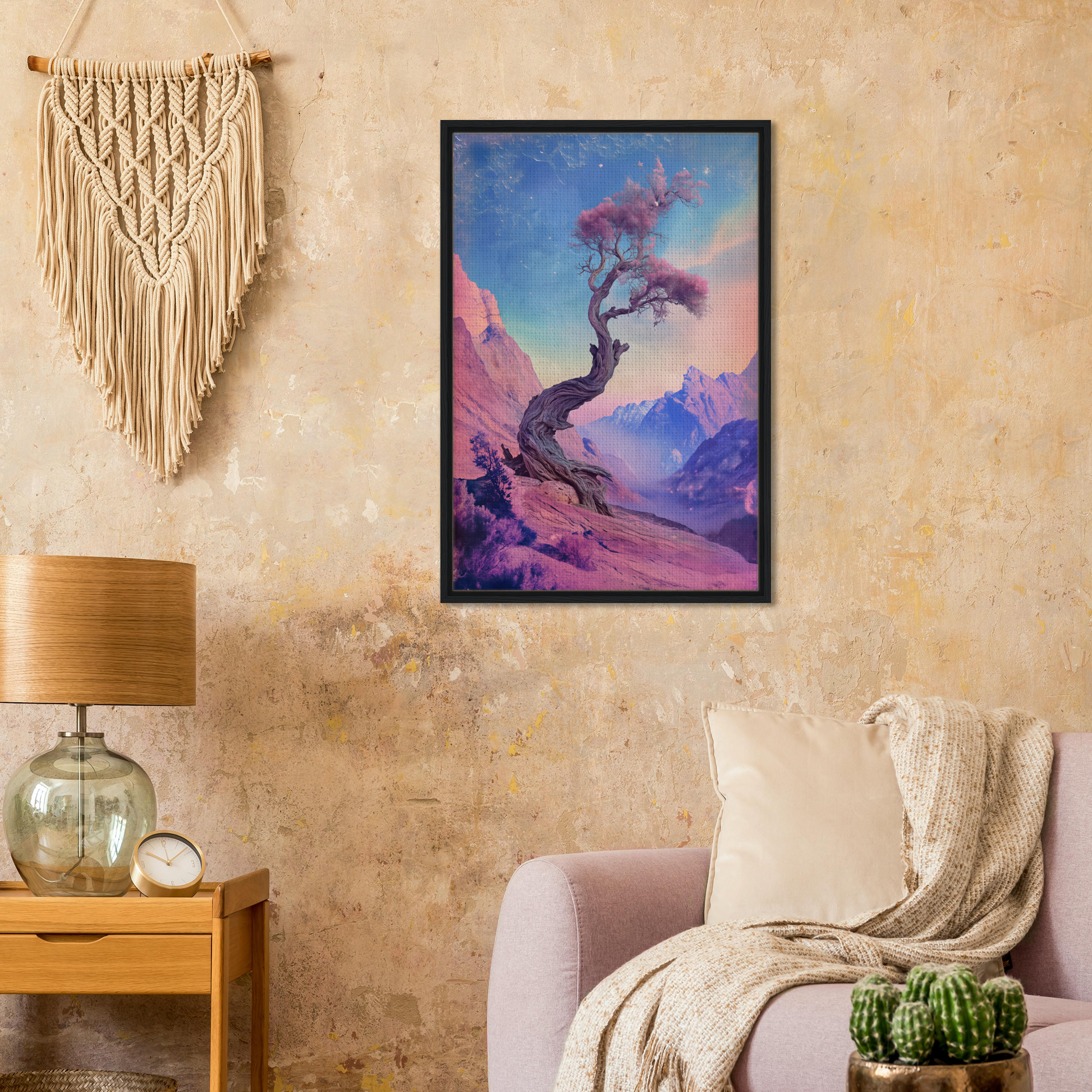 Framed canvas print of Tree’s Psychedelic Reverie with a twisted tree and vibrant mountains