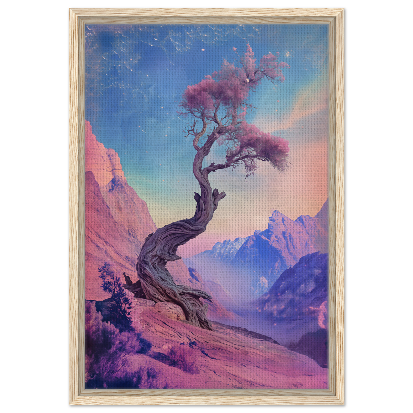 Twisted tree with purple foliage on rocky slope for Tree’s Psychedelic Reverie room decor