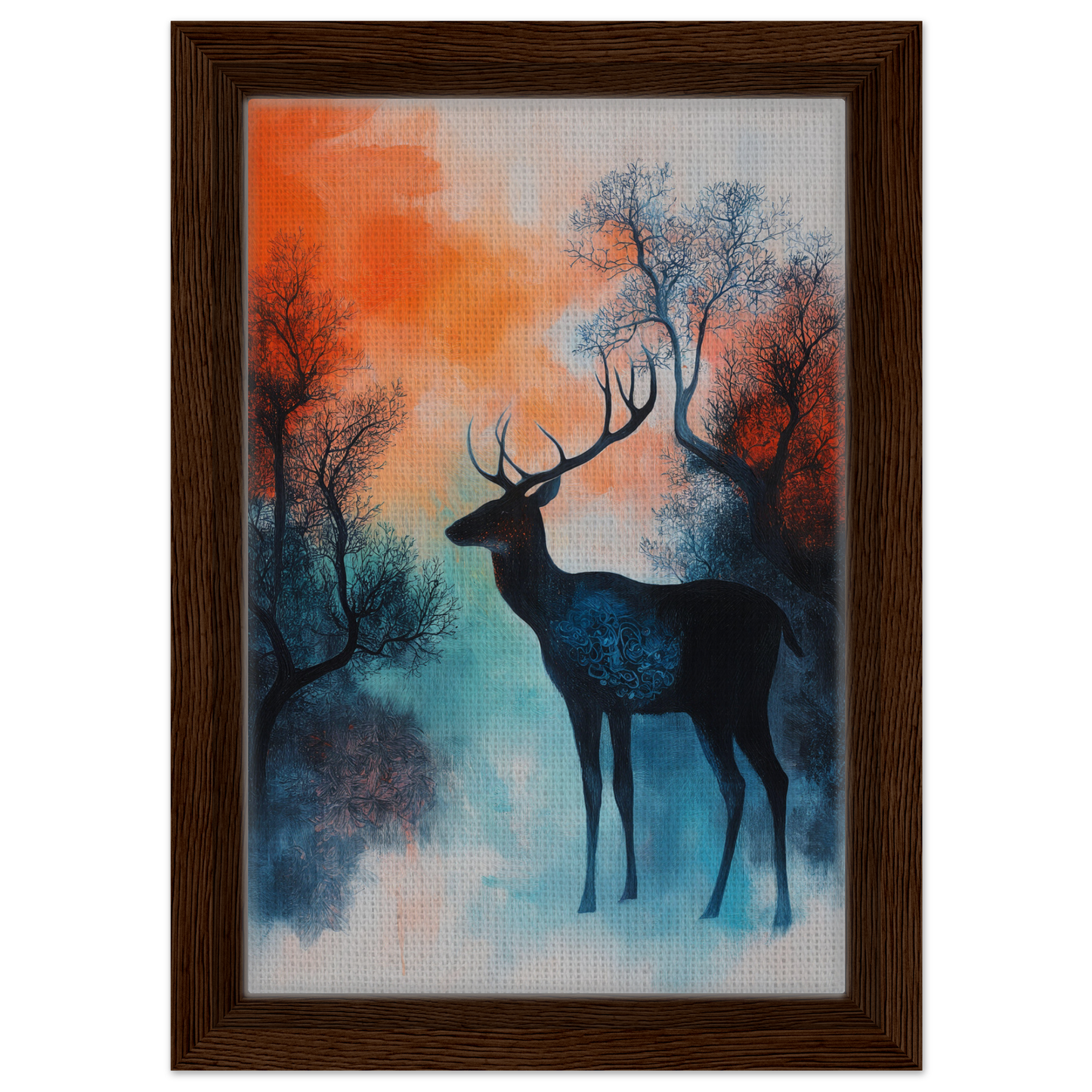 Silhouette of a deer with antlers in misty trees for Twilight Deer Ecstasy room decor