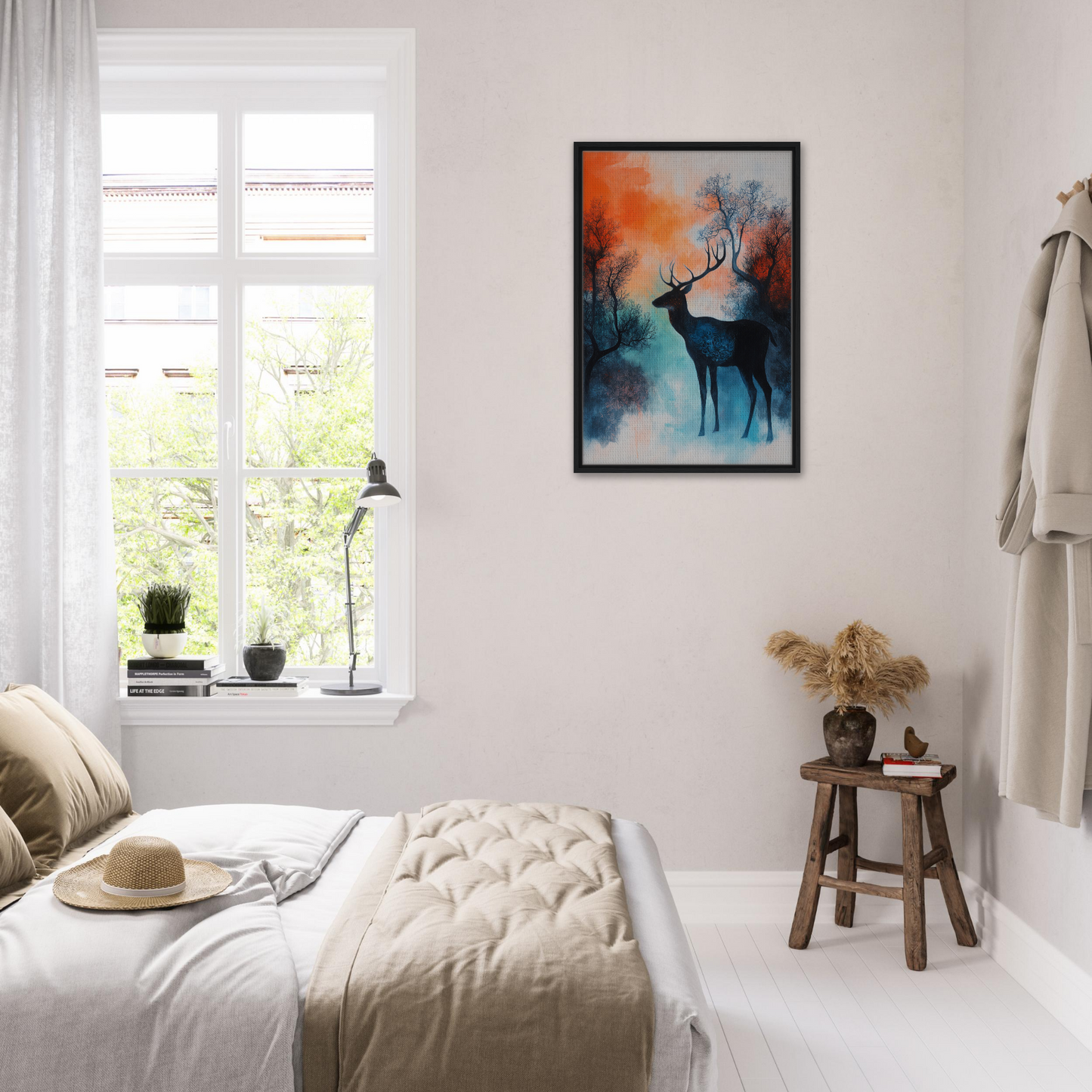Colorful Deer Ecstasy painting enhancing bedroom decor in Twilight Deer Ecstasy design