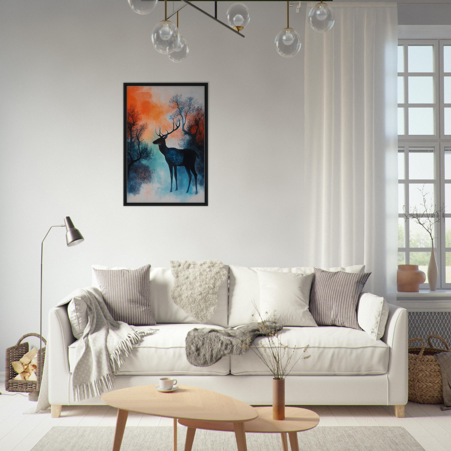 White sofa adorned with throw pillows and blankets near Twilight Deer Ecstasy artwork