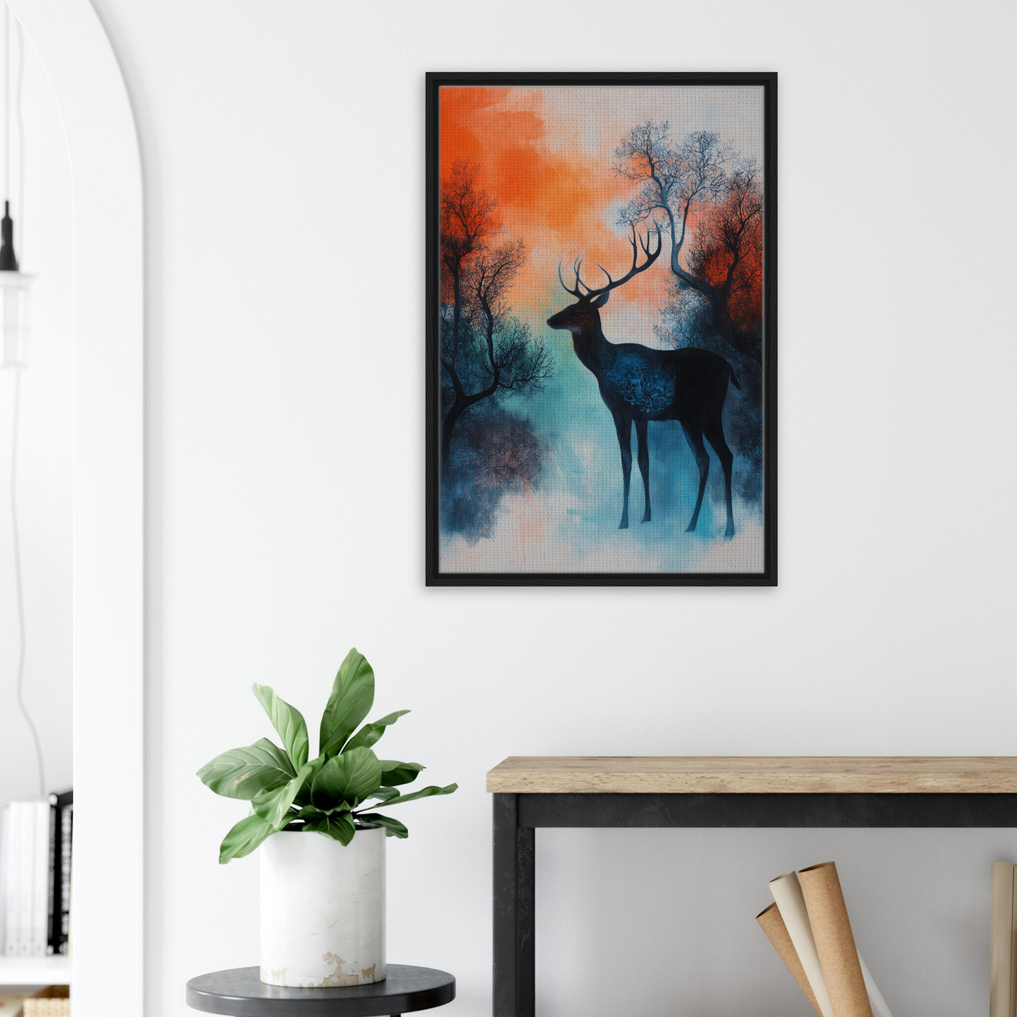 Framed canvas print of Twilight Deer Ecstasy with silhouetted deer and vibrant forest