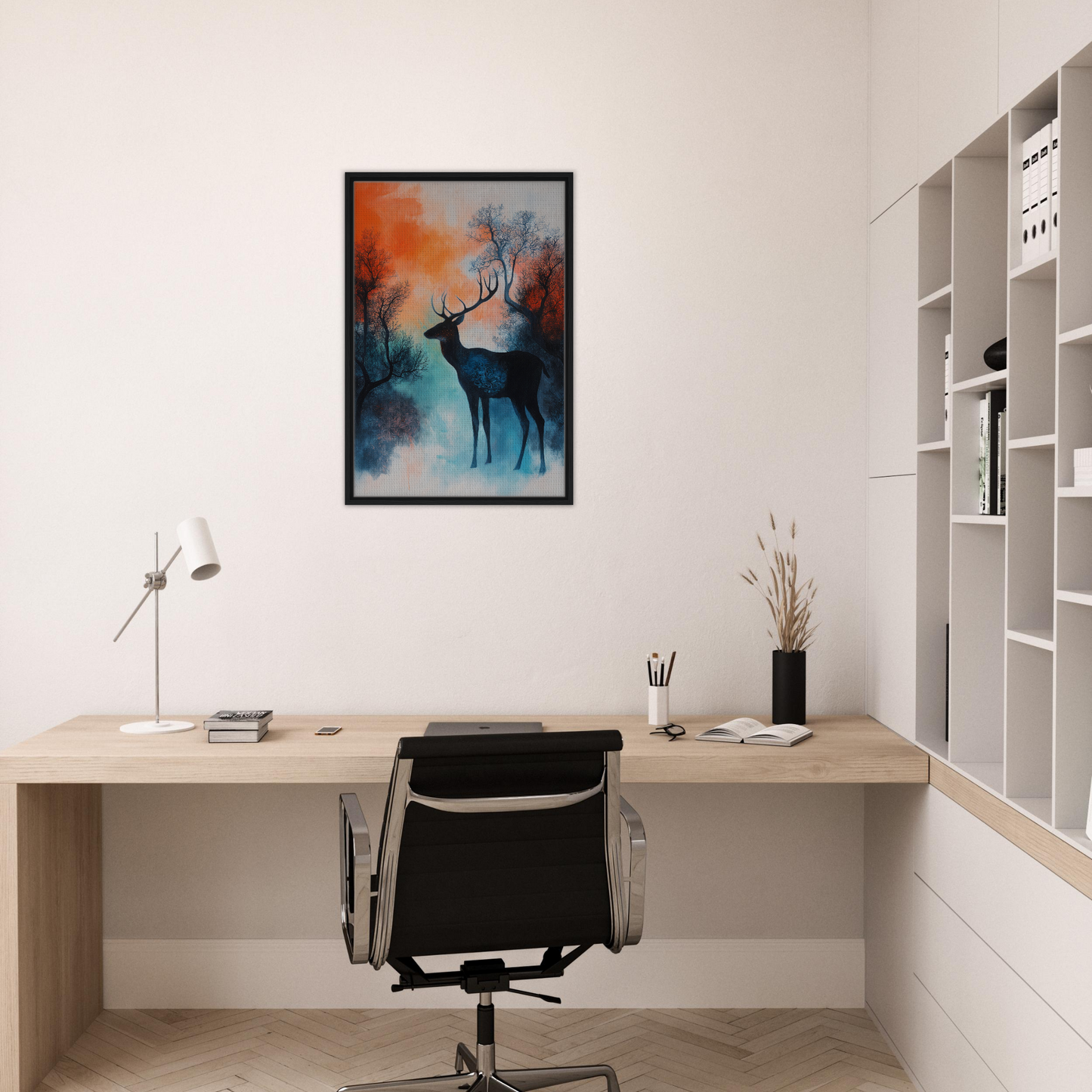 Minimalist home office showcasing Twilight Deer Ecstasy framed canvas print on wall