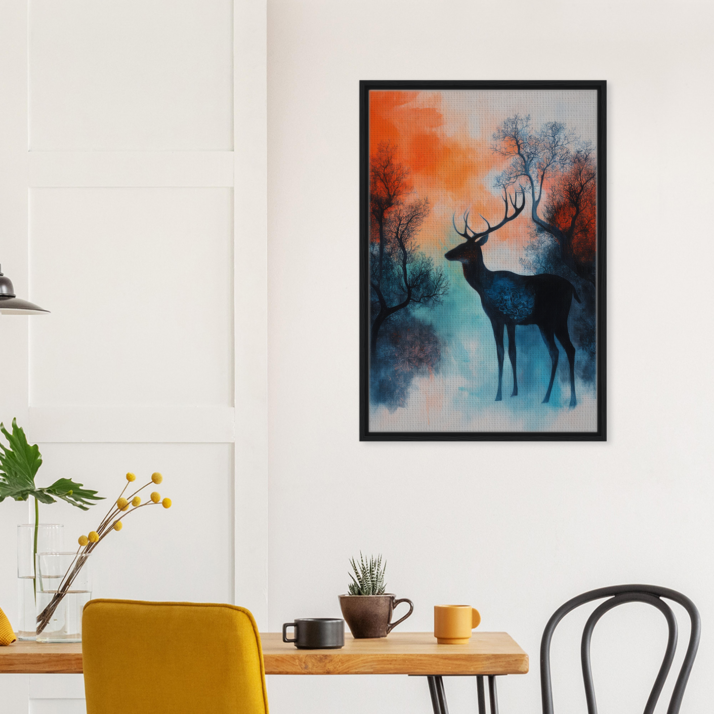 Framed Twilight Deer Ecstasy artwork featuring a silhouetted deer in vibrant forest colors