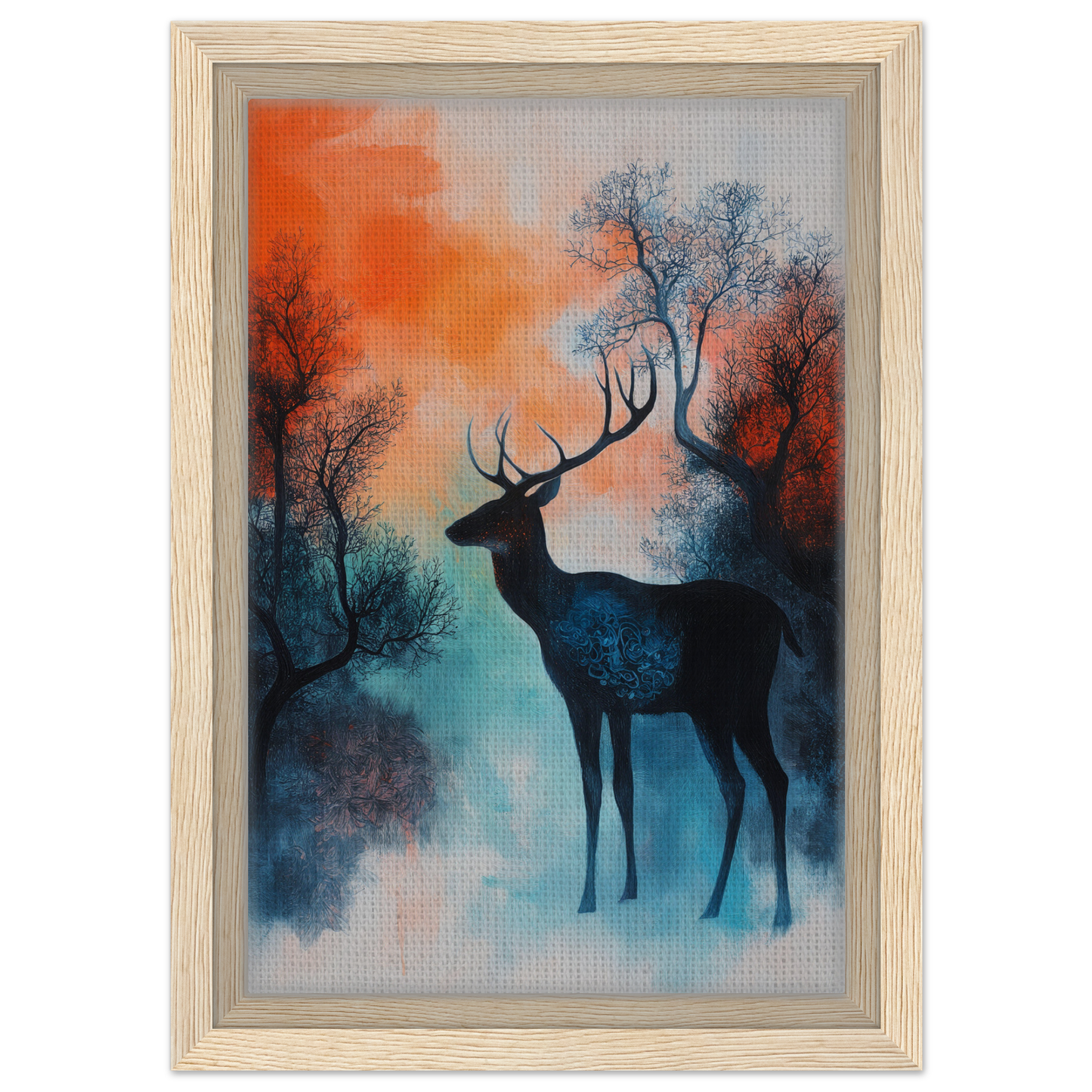 Silhouette of a deer among trees in Twilight Deer Ecstasy framed canvas print
