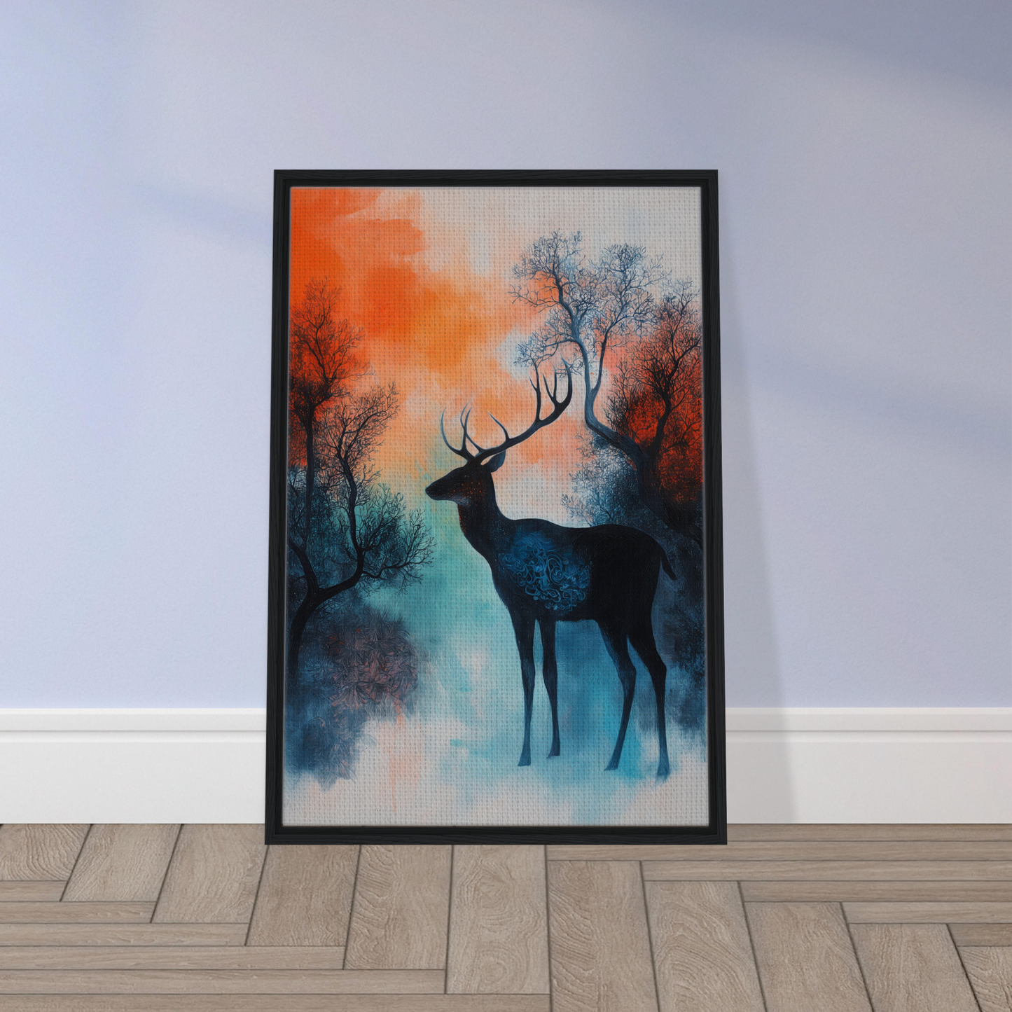 Framed canvas print of Twilight Deer Ecstasy with a silhouetted deer in a vibrant forest