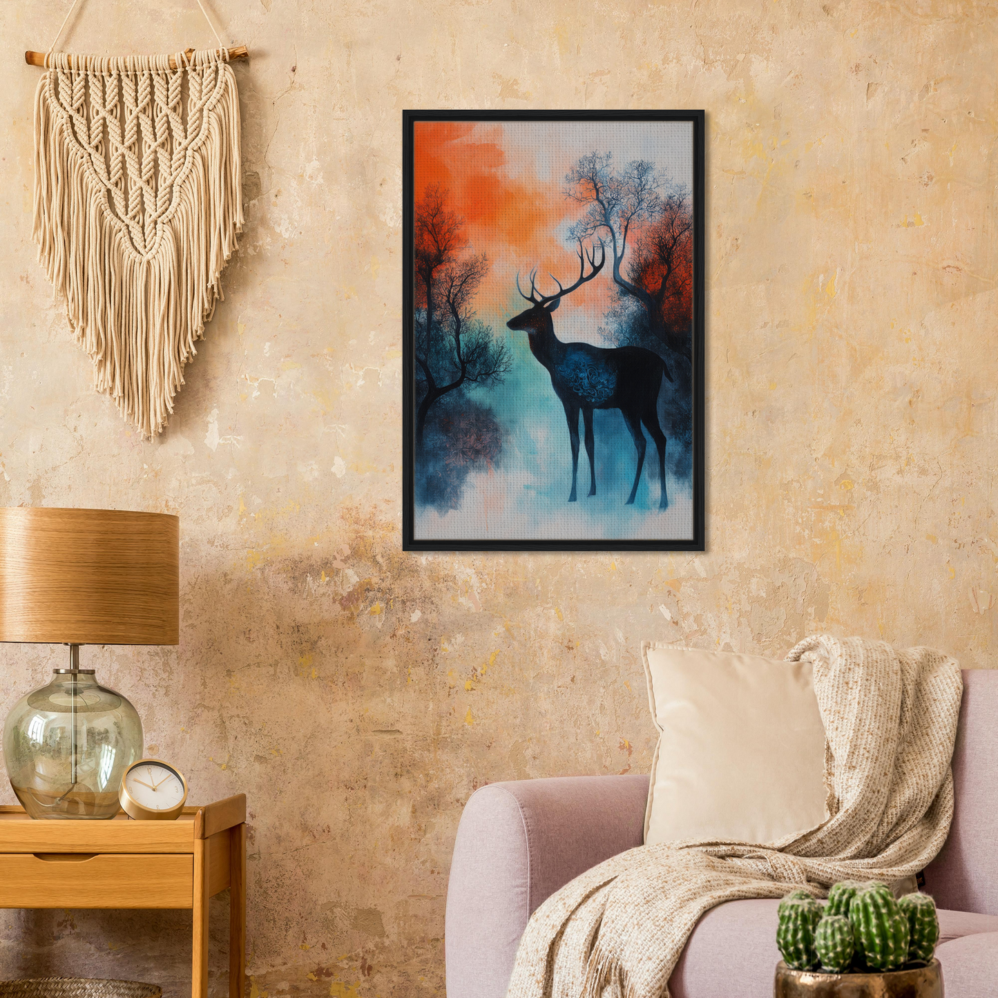 Framed canvas print of deer silhouette in colorful forest, Twilight Deer Ecstasy