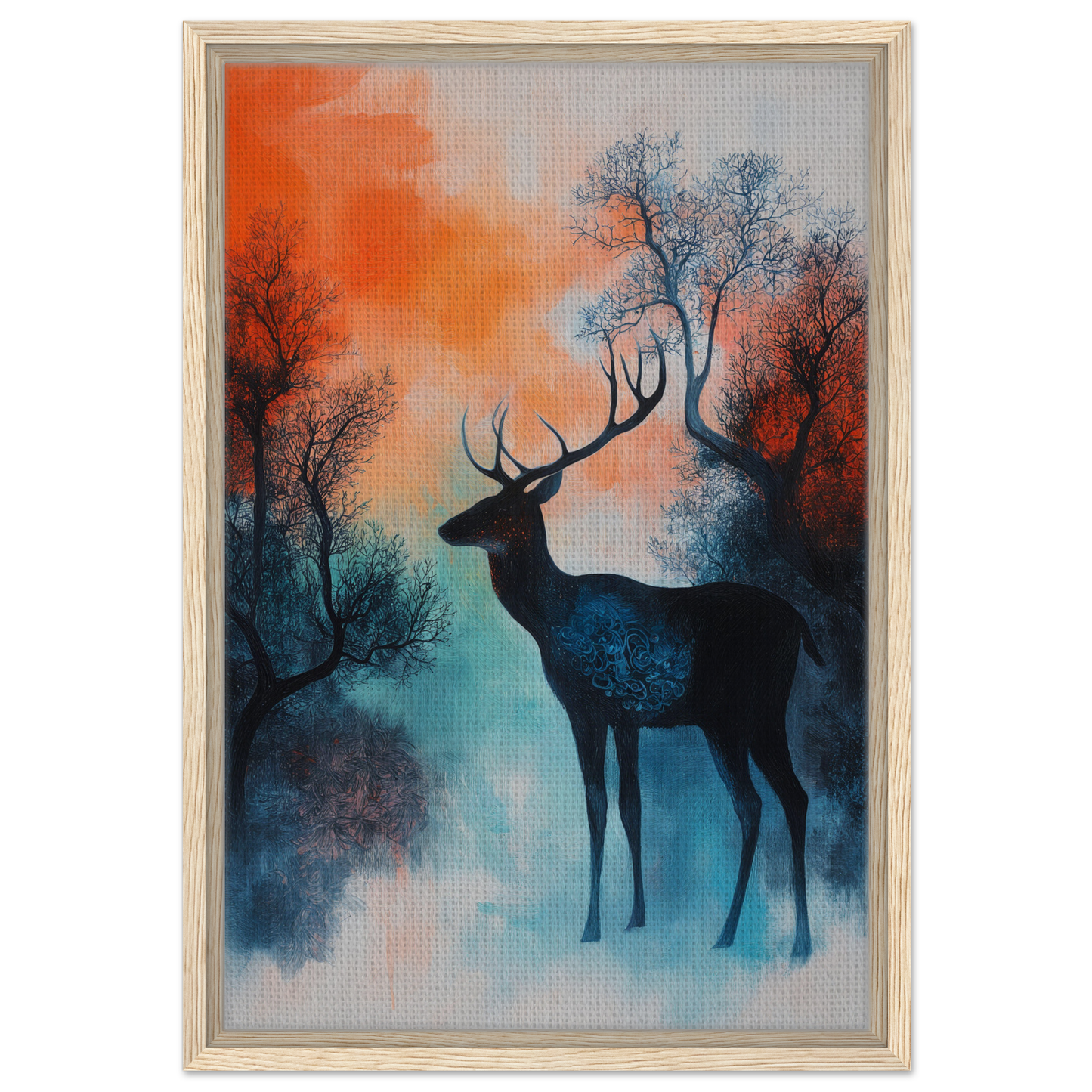 Silhouette of a deer in misty forest for Twilight Deer Ecstasy framed canvas print