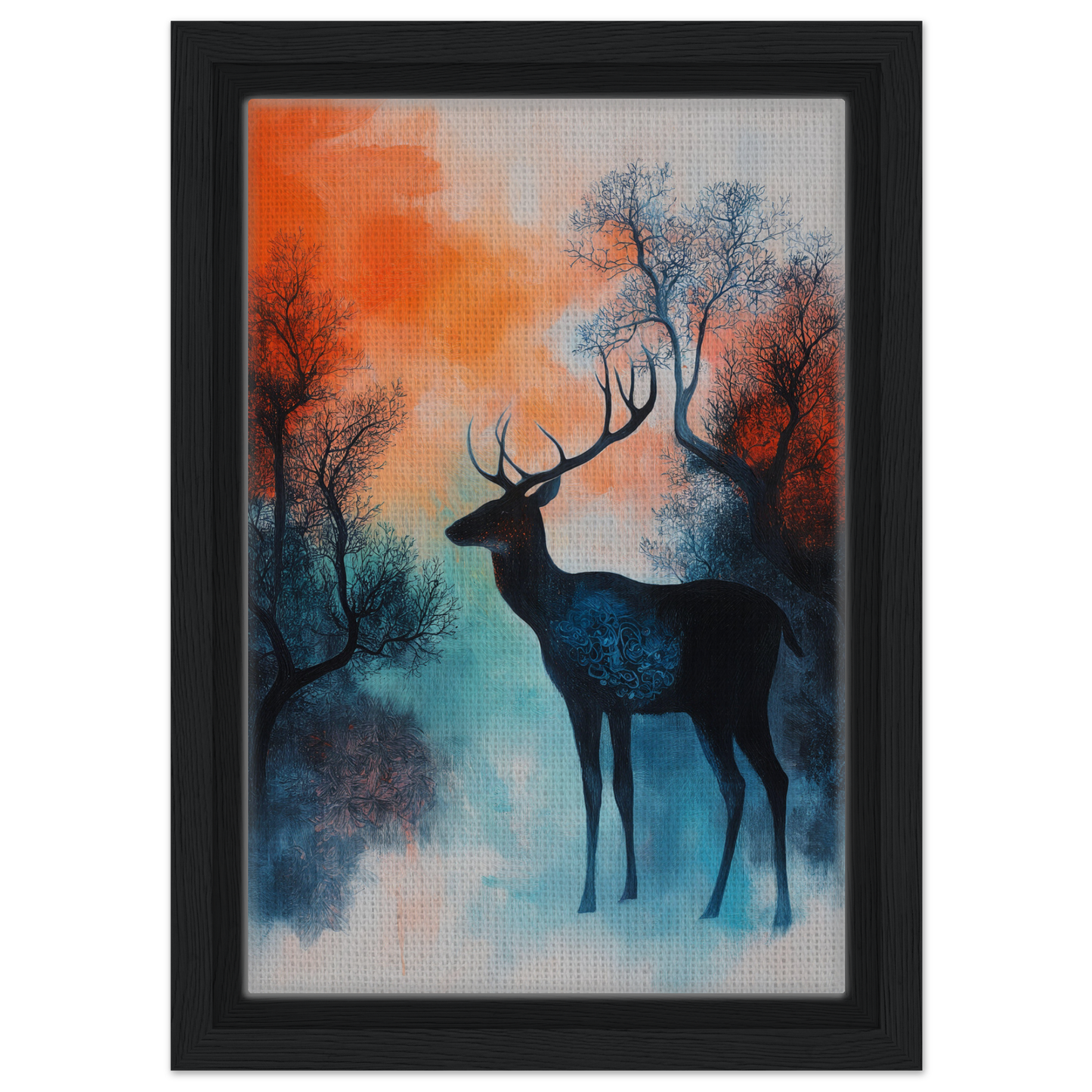 Silhouette of a deer against a colorful sky in Twilight Deer Ecstasy framed canvas print