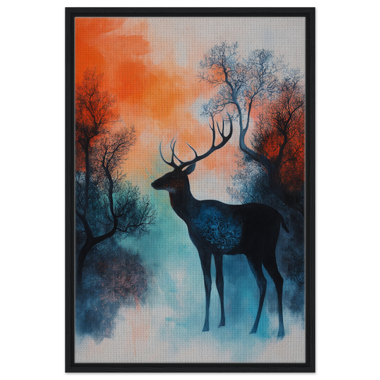 Silhouette of a deer with antlers amidst colorful trees in Twilight Deer Ecstasy