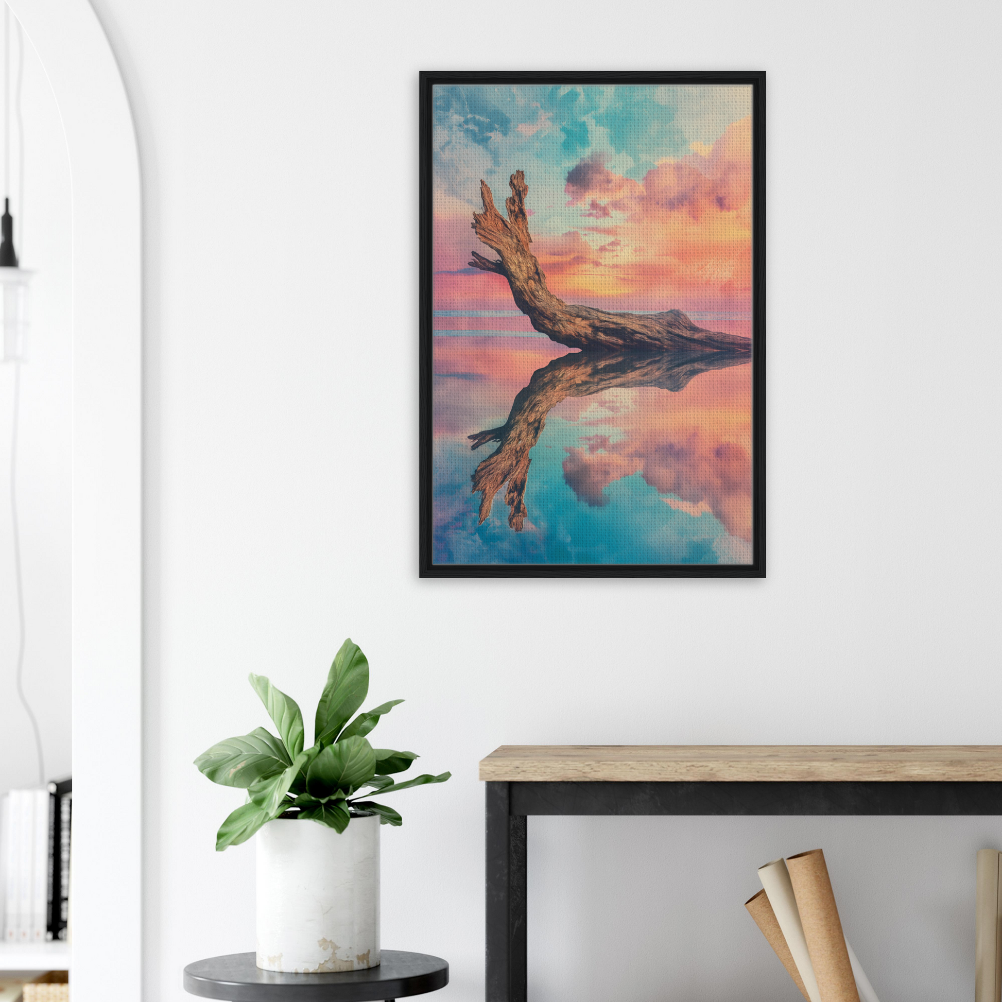 Framed canvas print of Twilight’s Metamorphosis Dreams with a colorful sky reflection