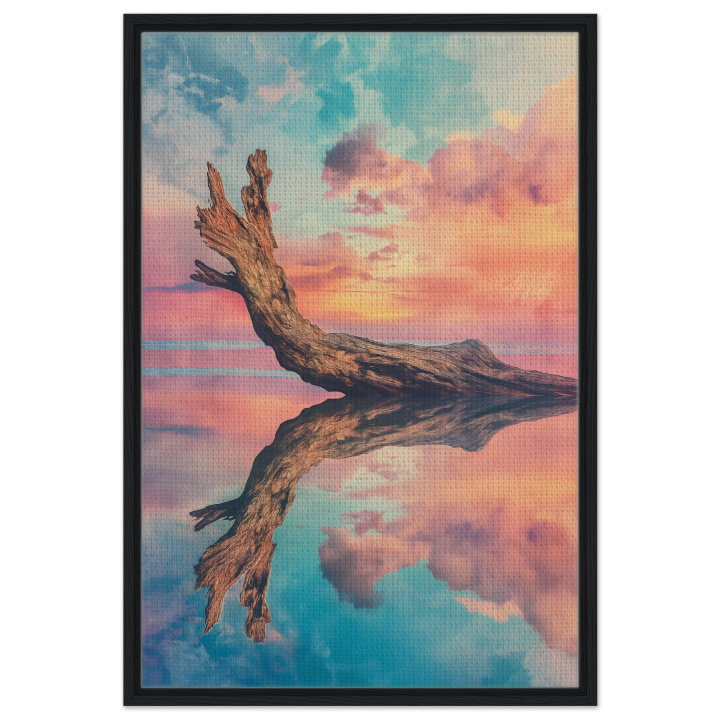 Weathered driftwood log in reflective water for Twilight’s Metamorphosis Dreams canvas print