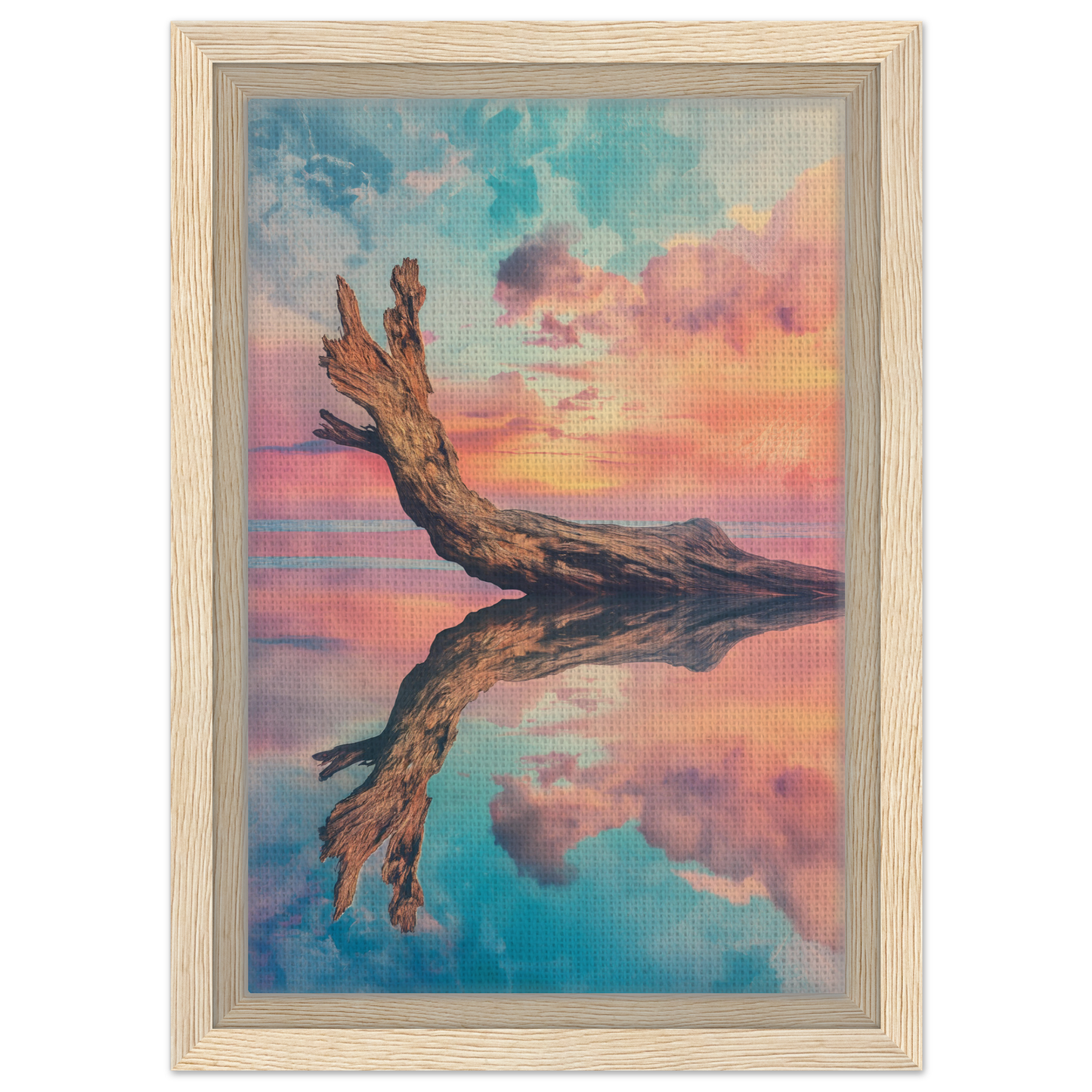 Weathered driftwood log reflected in calm water at sunset for Twilight’s Metamorphosis Dreams