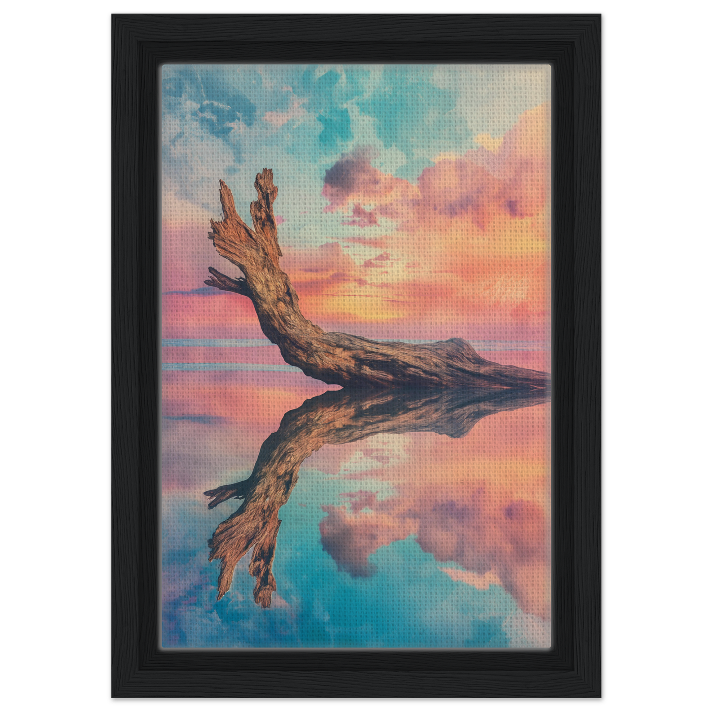 Weathered driftwood log reflected in calm water at sunset for Twilight’s Metamorphosis Dreams