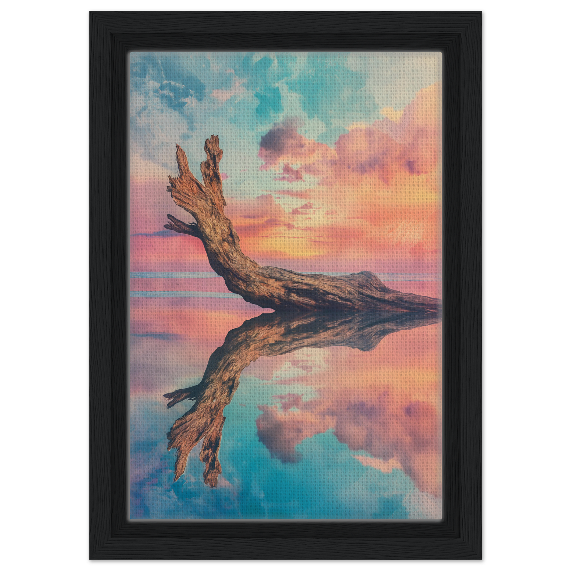 Weathered driftwood log reflected in calm water at sunset for Twilight’s Metamorphosis Dreams