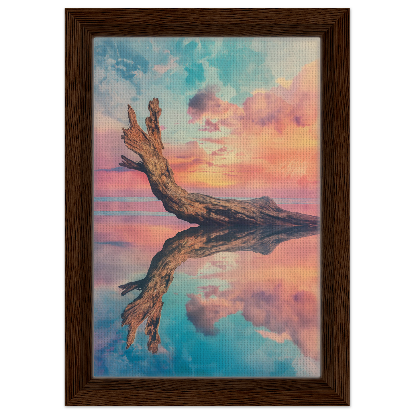 Weathered driftwood reflected in calm water at sunset for Twilight’s Metamorphosis Dreams