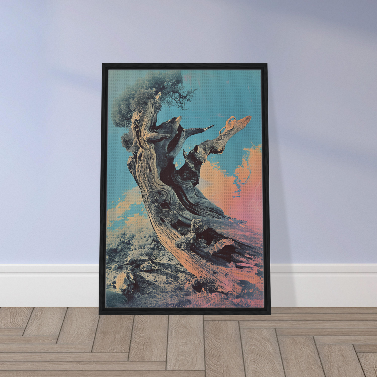 Framed surrealist art of twisted whisper tree against a vibrant sky for room decor
