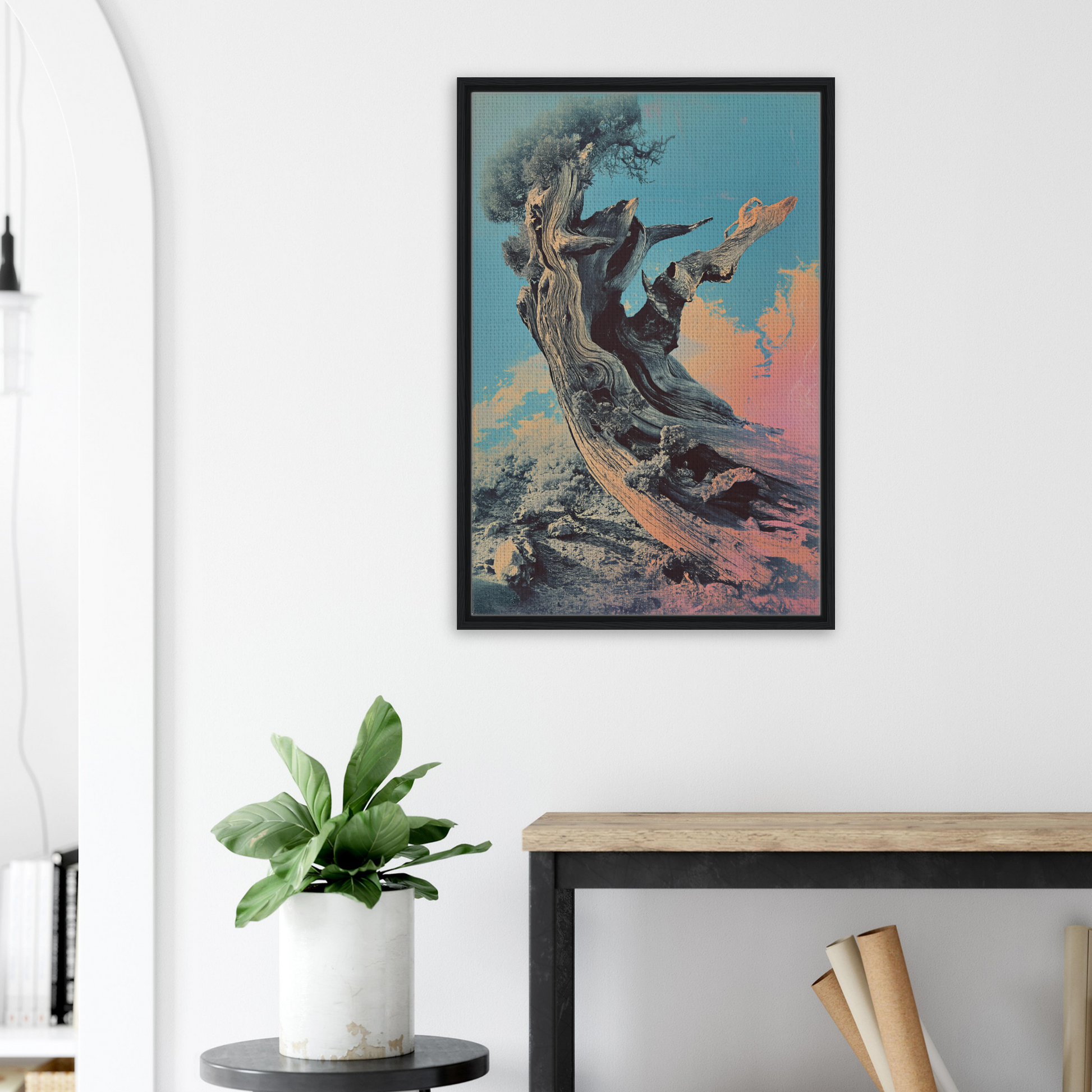 Framed Twisted Whisper artwork featuring a twisted tree and colorful sky for room decor