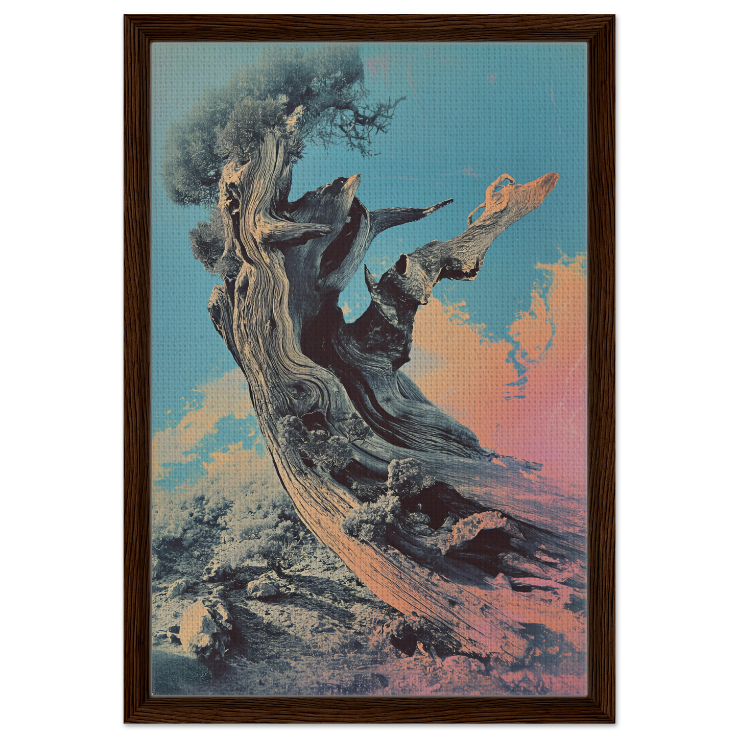 Gnarled twisted tree with bare branches under colorful sky, Twisted Whisper framed canvas print