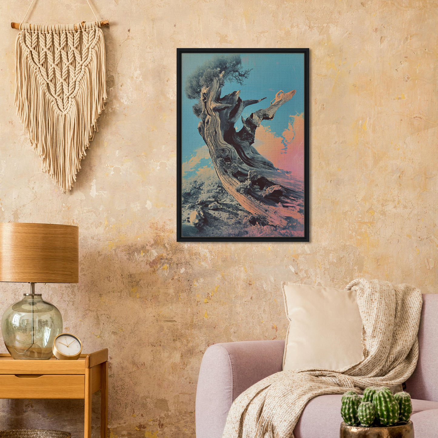 Framed canvas print of a twisted whisper tree figure beneath a vibrant sky