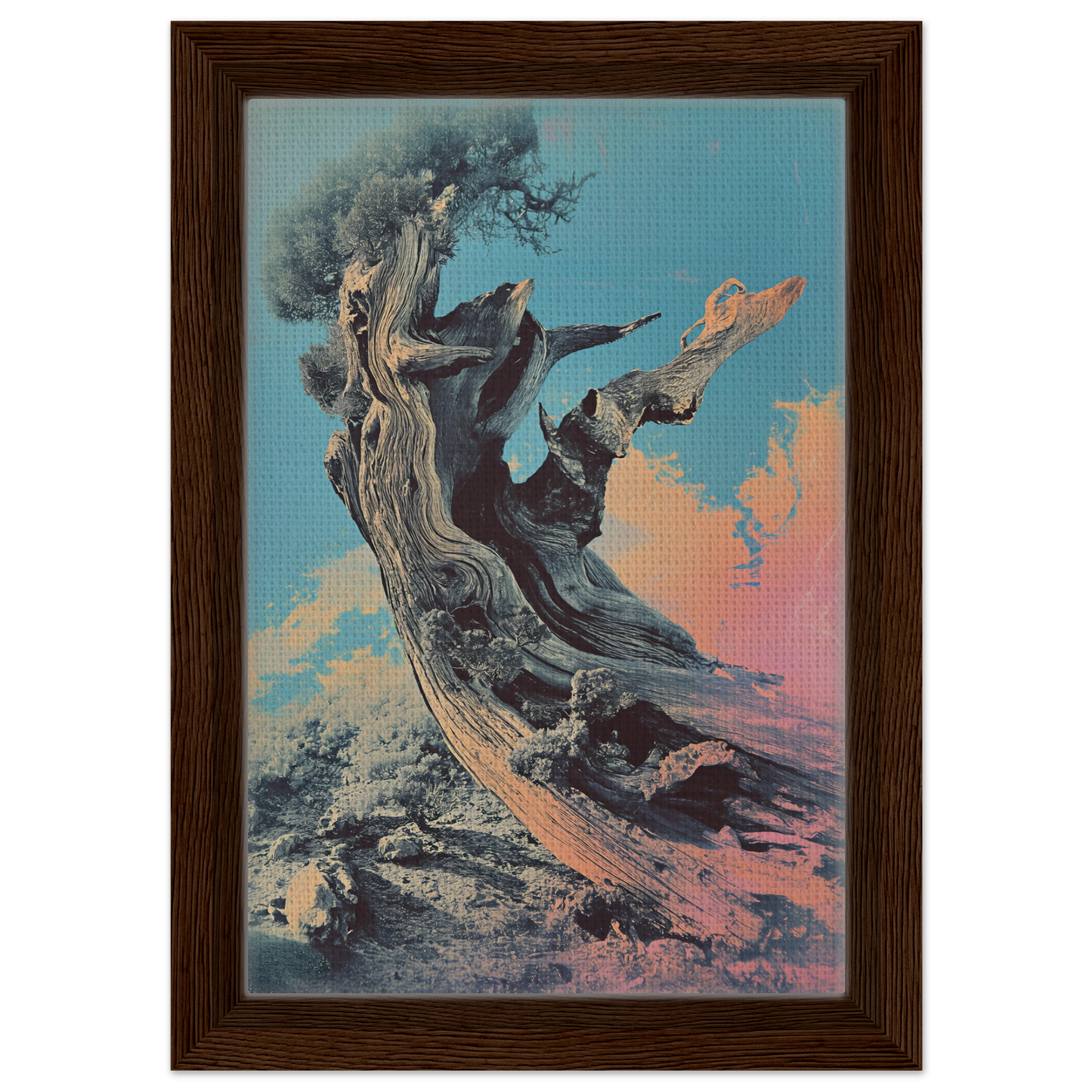 Gnarled tree trunk with sparse leaves against a colorful sky for Twisted Whisper decor