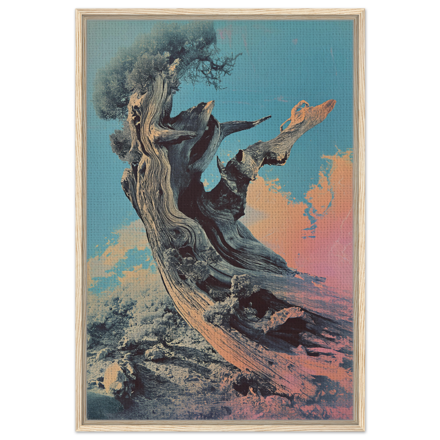 Gnarled tree trunk with bare branches against a colorful sky in Twisted Whisper framed canvas print