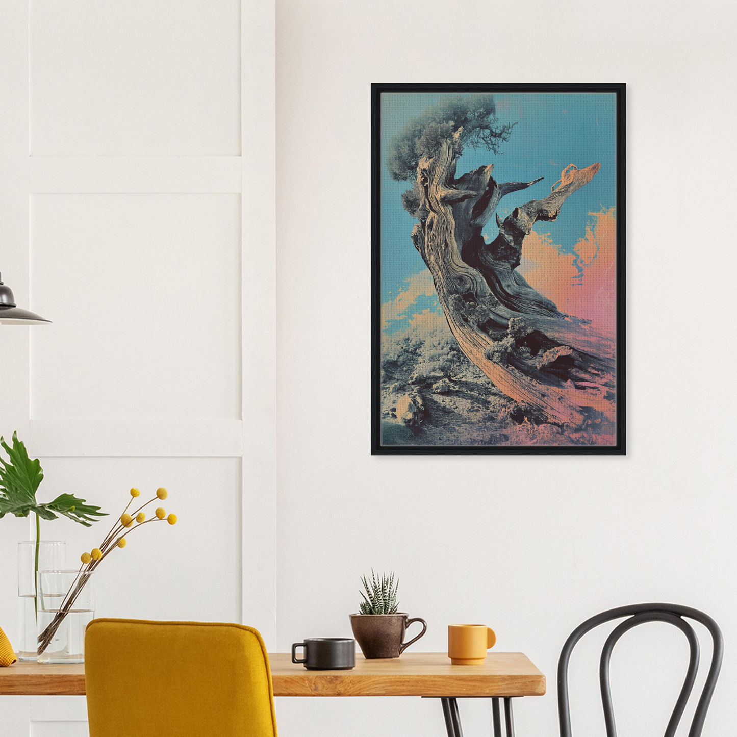 Framed canvas print of Twisted Whisper Divine with swirling figure and colorful background