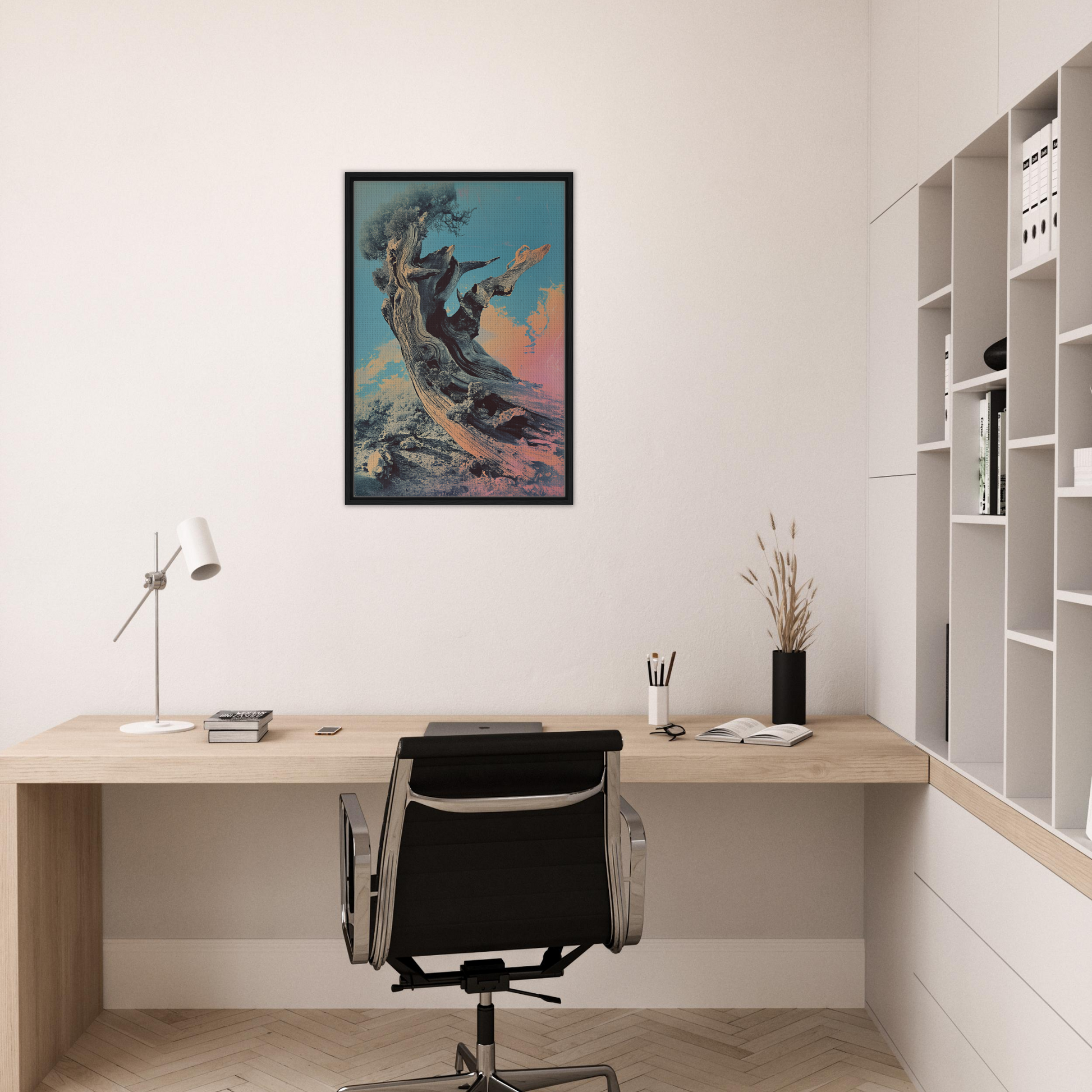Minimalist home office with a wooden desk and Twisted Whisper room decor on the wall