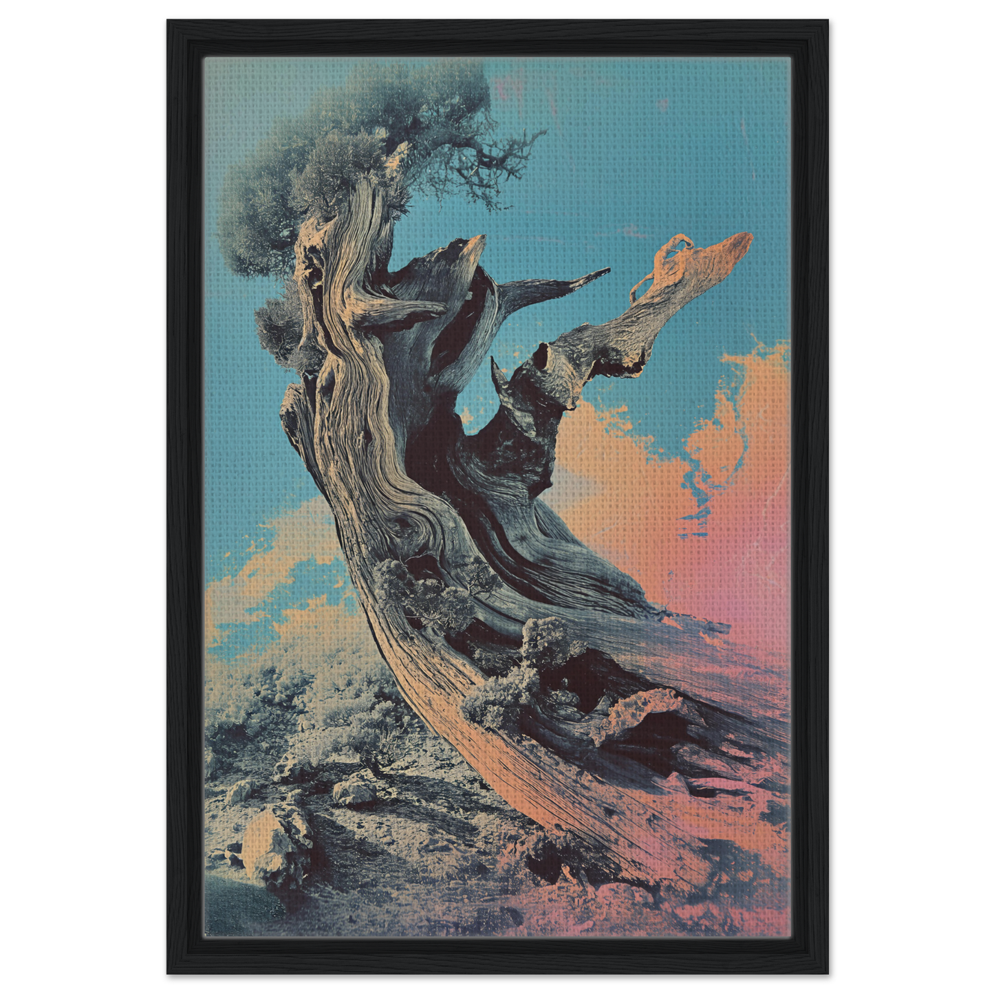 Gnarled tree trunk with bare branches and colorful sky, perfect for Twisted Whisper room decor